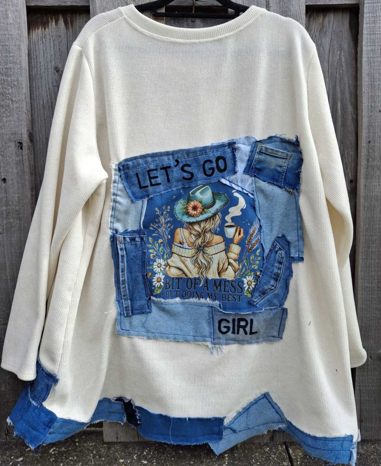 Upcycled Boho Sweater – Denim Patchwork – One of a Kind - 153344 Upcycled Boho Sweater – Denim Patchwork – One of a Kind