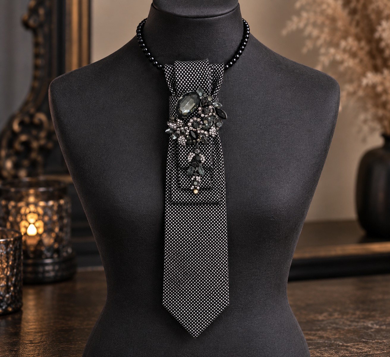Chique zwart grijze stropdas ketting dames – luxe accessoire met br… - 151698 Chique zwart grijze stropdas ketting dames – luxe accessoire met broche en parel ketting Eye catcher