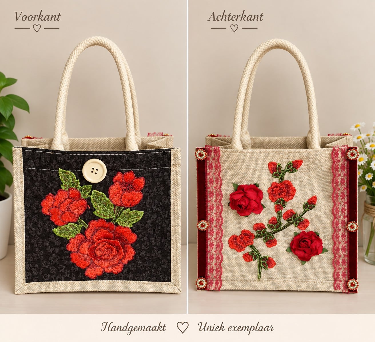 Rozen op jute - 151440 Jutetas rode roos