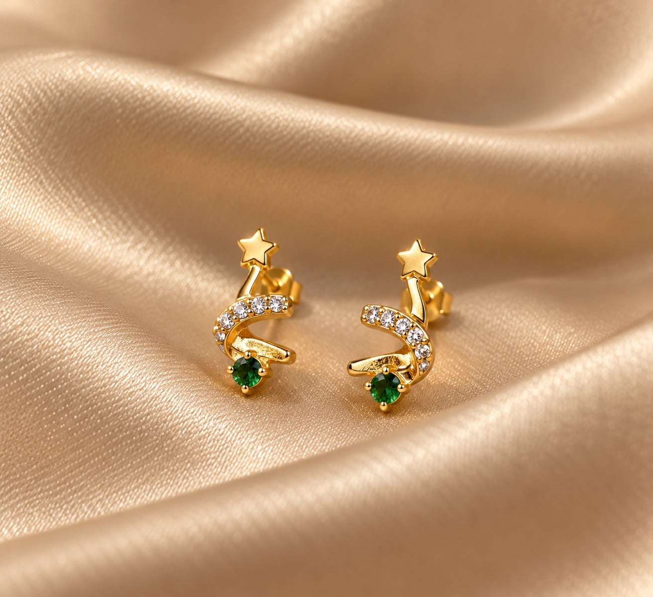 Gouden Sterren Oorstekers met Groene CZ Steentjes – 925 Sterling Zi… - 155284 Gouden Sterren Oorstekers met Groene CZ Steentjes – 925 Sterling Zilver 18K Gold Plated | Cleopatra's World