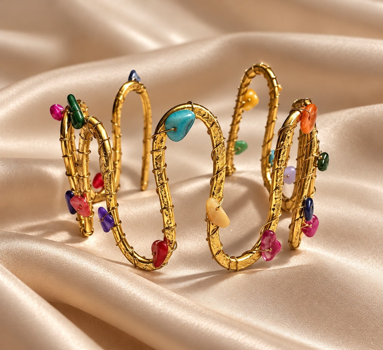 Handgemaakte Goudkleurige Statement Arm Cuff met Kleurrijke Kralen | Boho Bovenarmband – Cleopatra's World