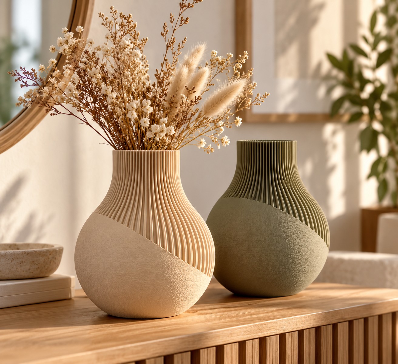 Japandi vaas – minimalistisch 3D-geprint design voor droogbloemen