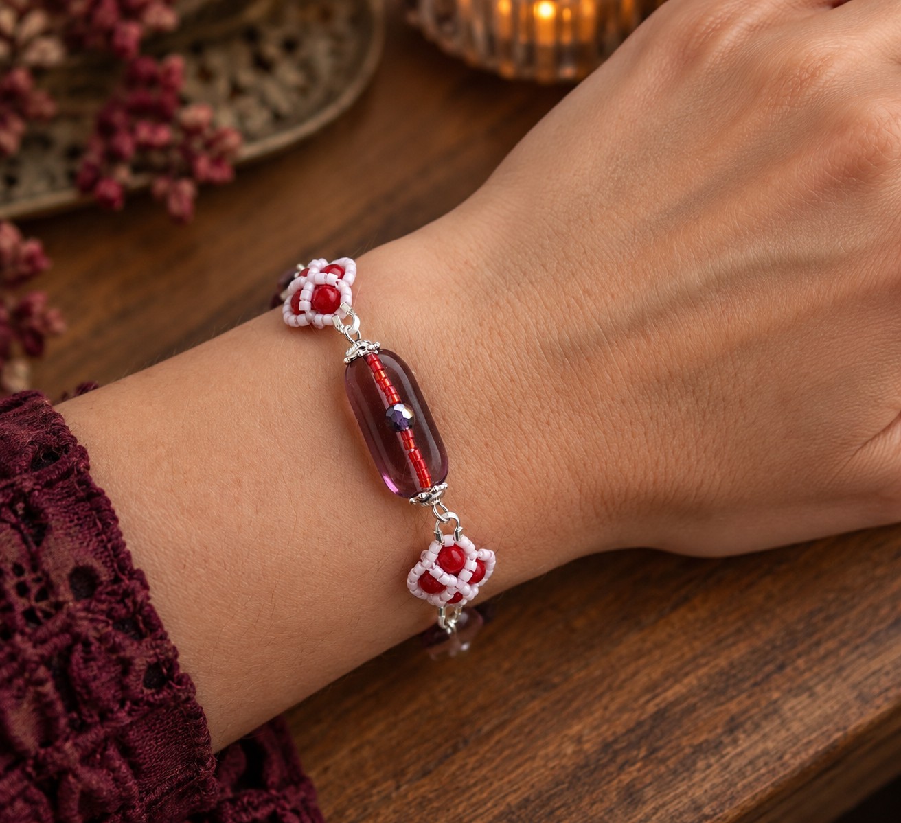 Passievol & Avant-Garde, sieradenset met handgemaakte glaskunst in paars en rood
