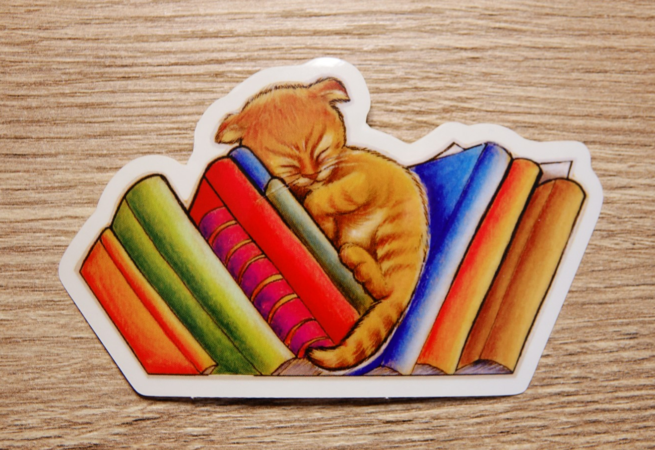 Slapende kat boeken sticker, transparant, vaatwasser proof 9.5x5.8 cm