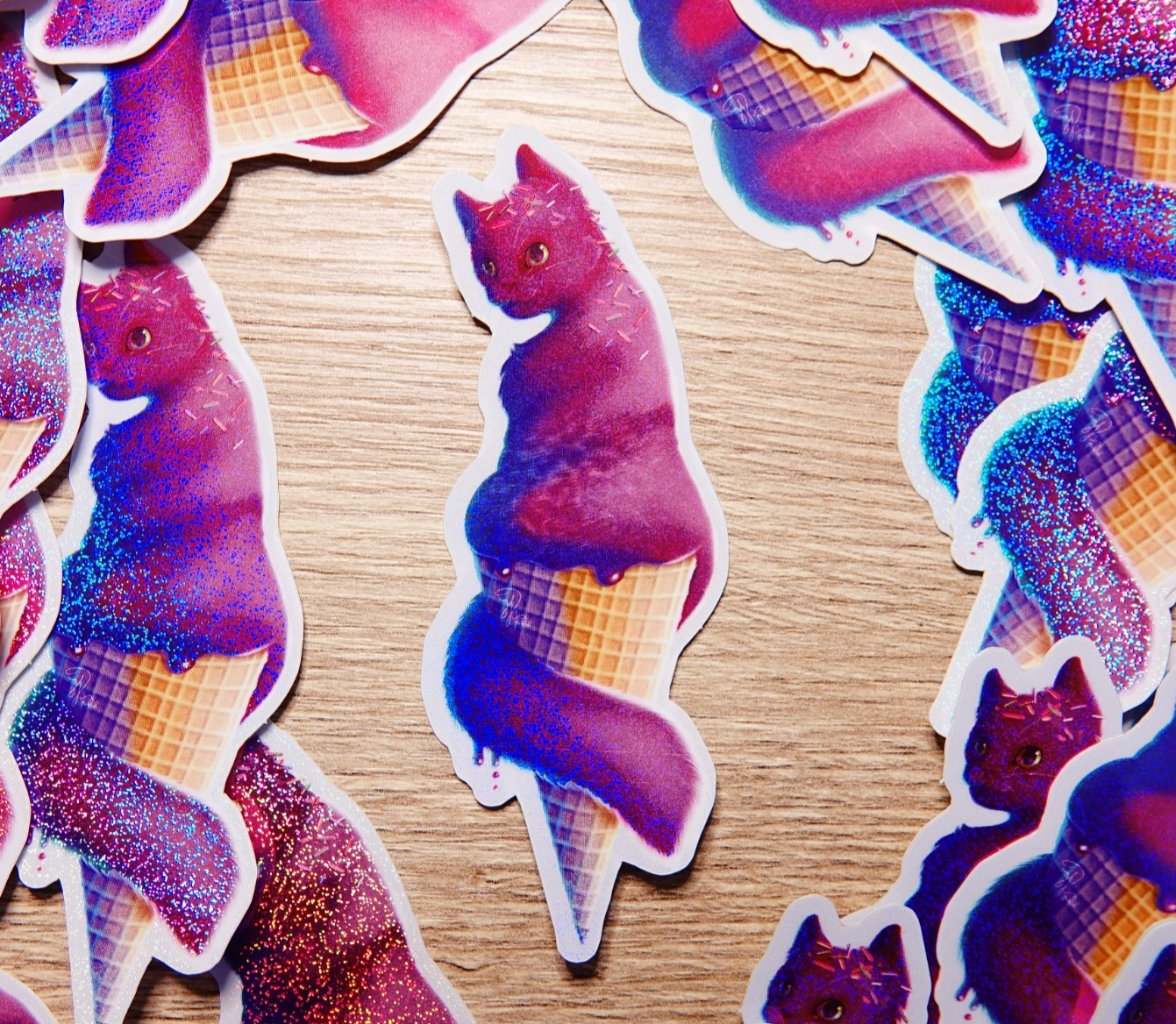 Katten ijs glitter sticker roze, journaling scrapbooking kado, kattenliefhebber, zomer activiteiten, ijsje 4x10.4 cm