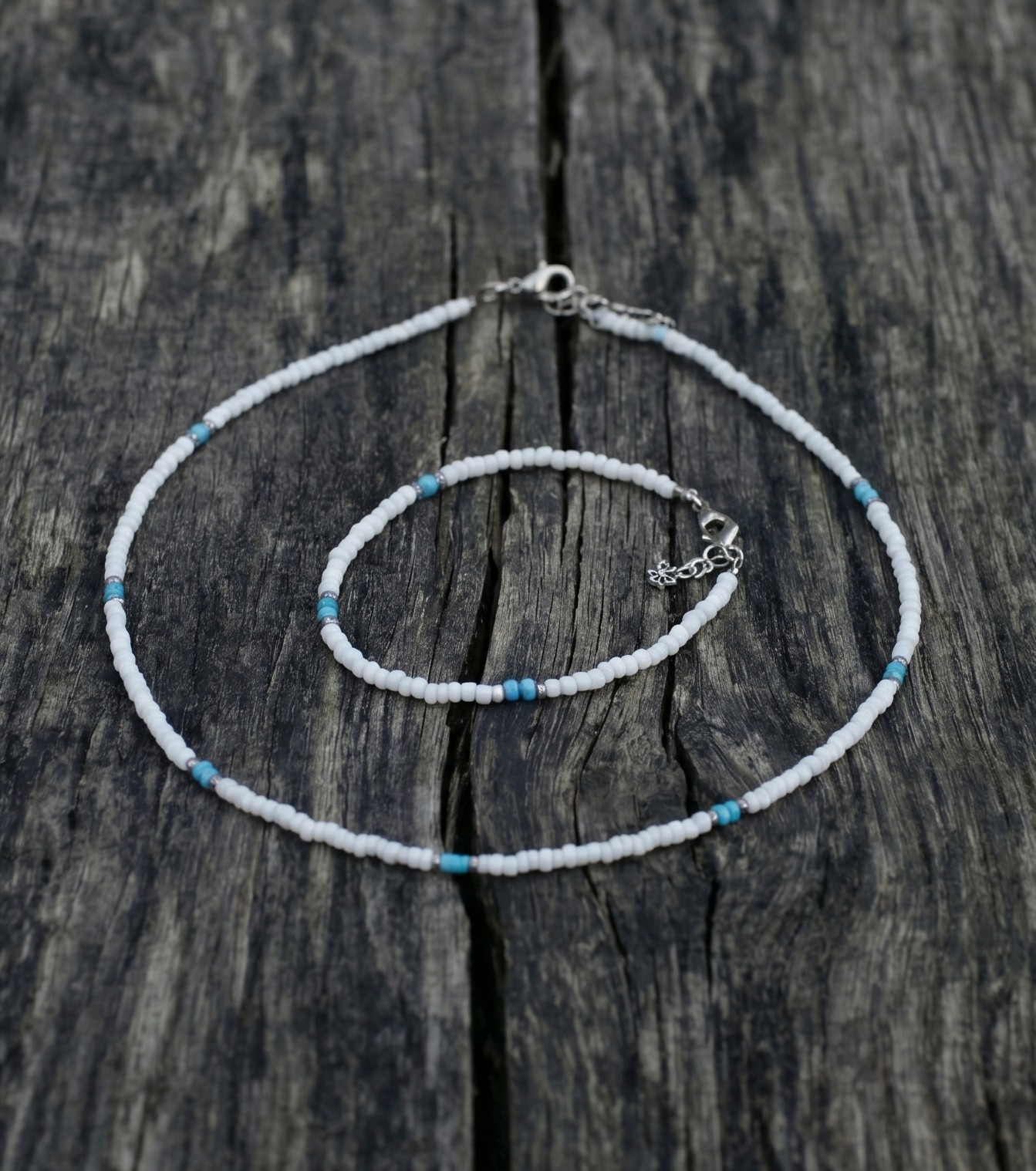 Set choker en armband rocailles wit/blauw/rosegold - 130436 Set choker en armband rocailles wit/blauw/rosegold
