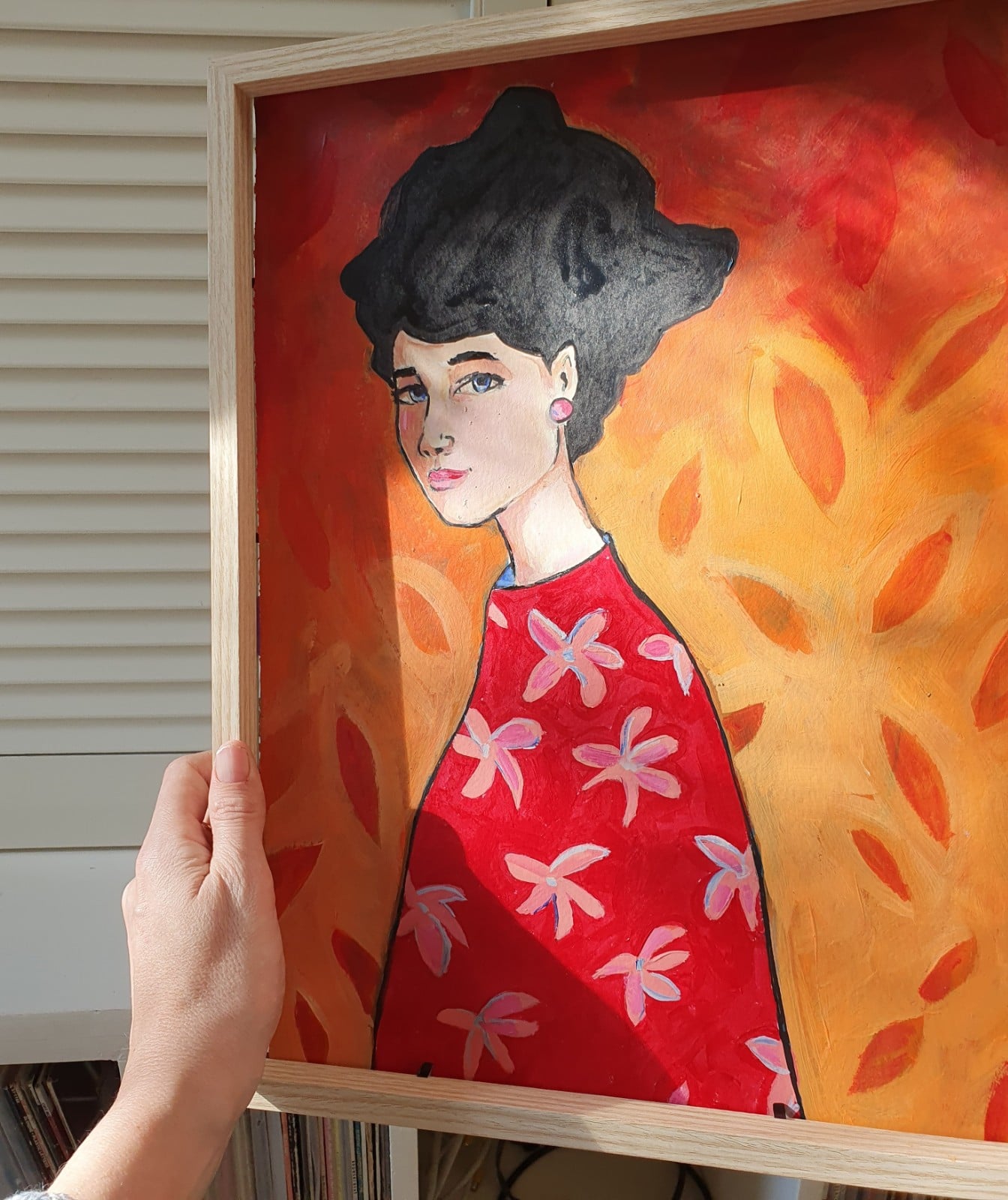 fire girl A3 Kunstprint – Vurig Vrouwenportret in Rode Tinten | Acryl Schilderij met Bloemenmotief