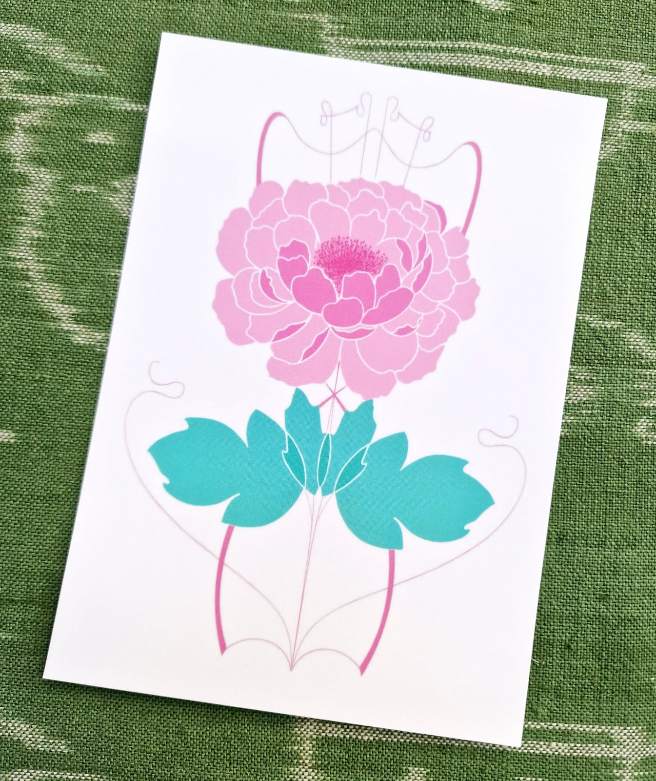 Art Nouveau Flower A6 Kaart, Roze Pioenroos Bloem, Turquoise Bladeren Potlood Tekening