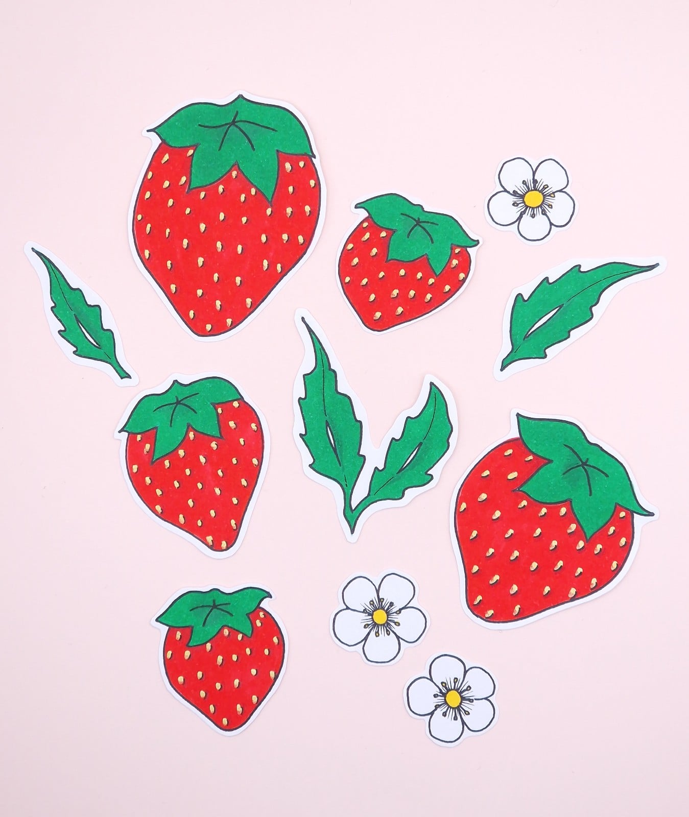 Hand getekende Sticker set, Aardbeien, Blaadjes en Bloemen, Groen Rood