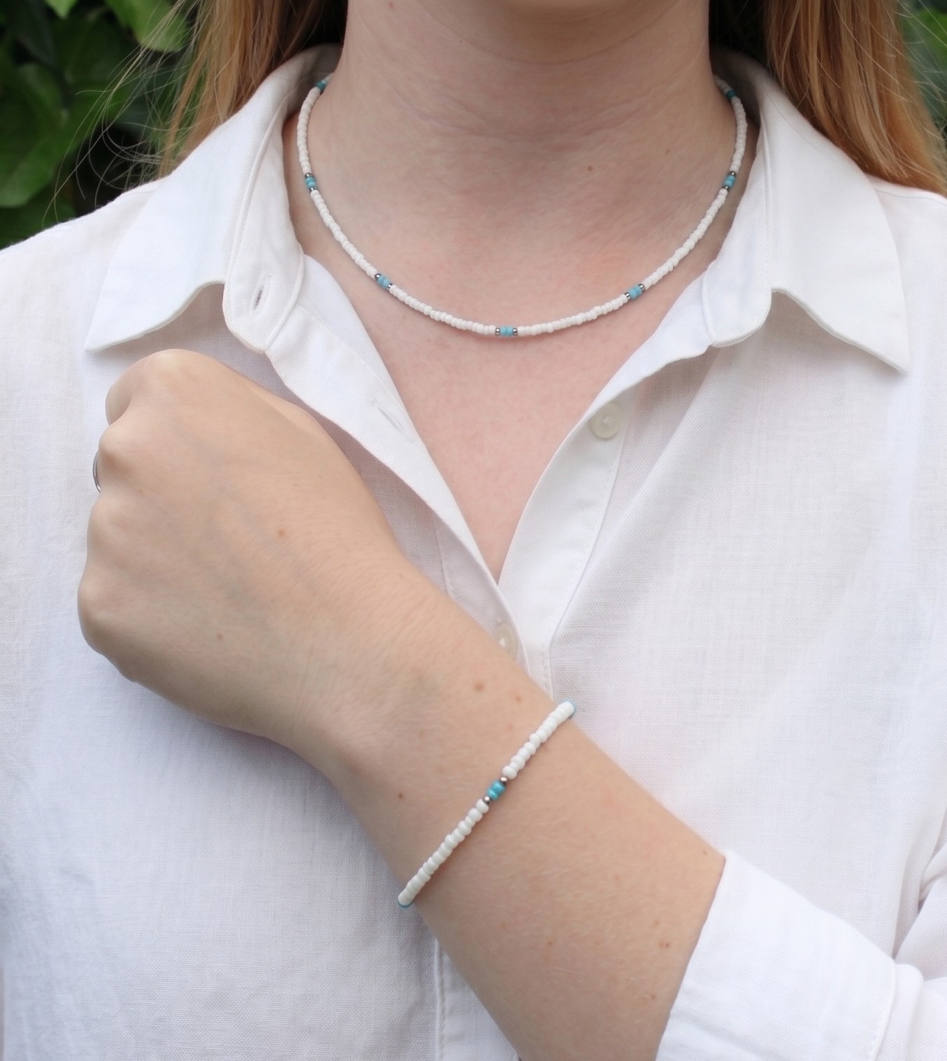 Set choker en armband rocailles wit/blauw/rosegold - 130435 Set choker en armband rocailles wit/blauw/rosegold