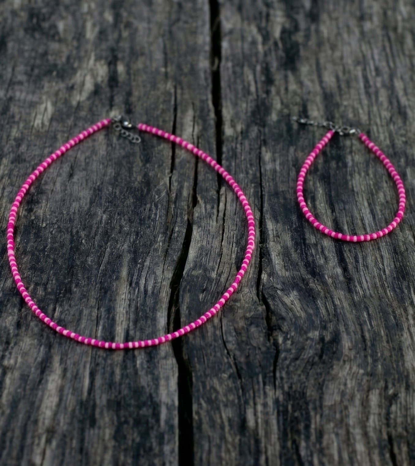 Set choker en armband rocailles fuchsia/lichtroze - 130409 Set choker en armband rocailles fuchsia/lichtroze