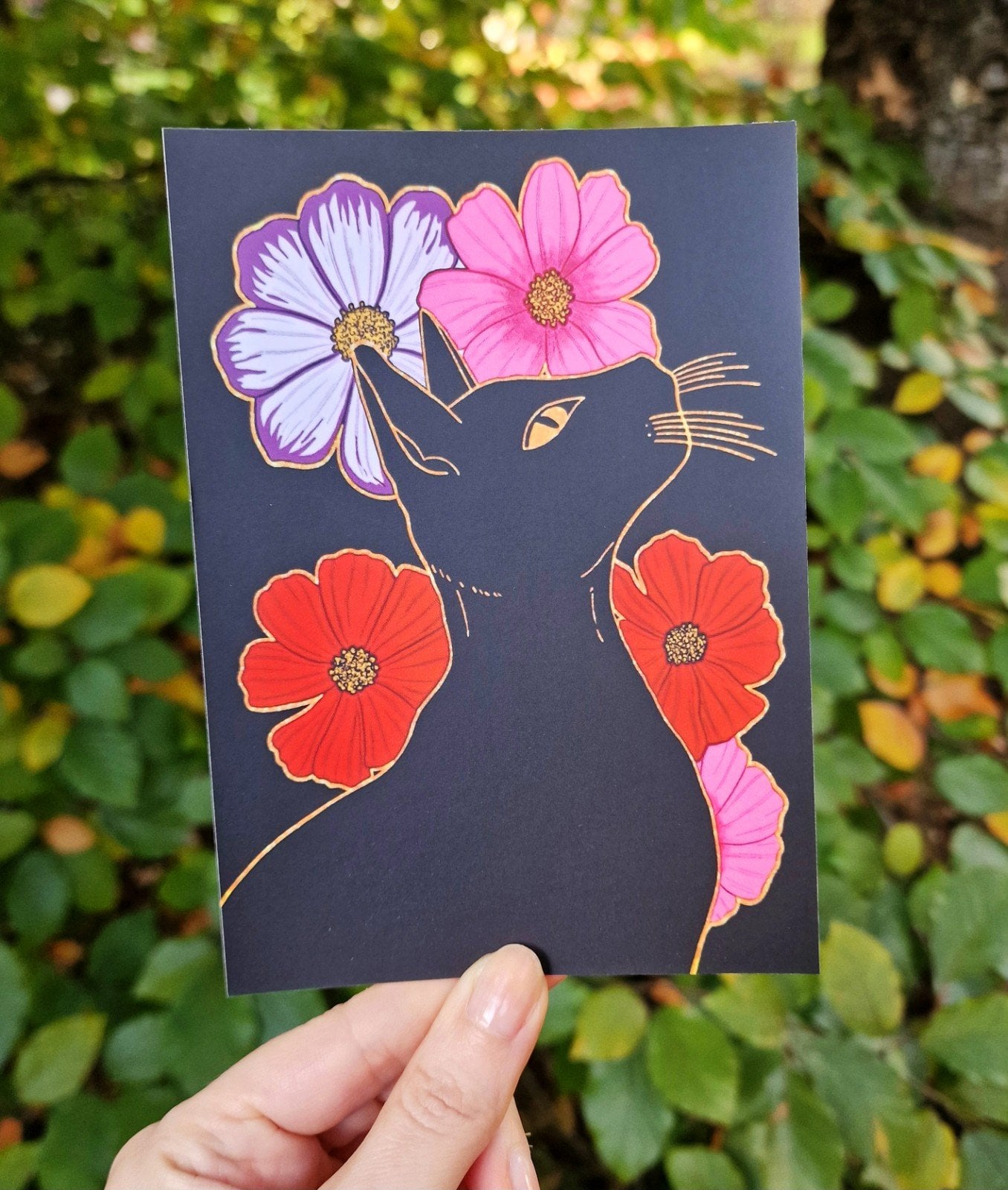 Floral Black Cat A6 Kaart, Bloemen Zwarte Kat Illustratie - 101310 Floral Black Cat A6 Kaart, Bloemen Zwarte Kat Illustratie