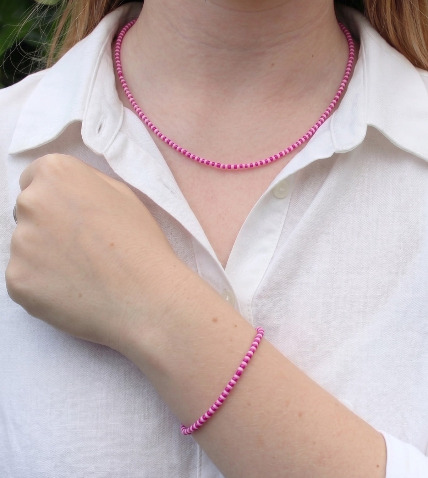 Set choker en armband rocailles fuchsia/lichtroze - 130408 Set choker en armband rocailles fuchsia/lichtroze