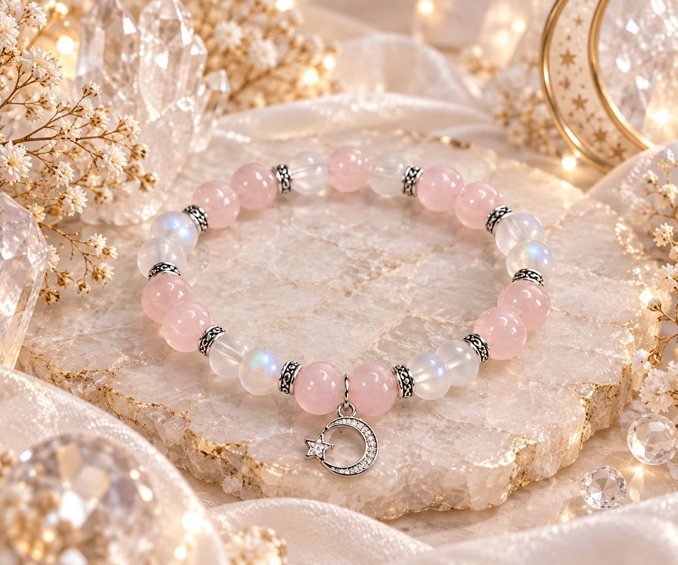 Aurora damesarmband – Rozenkwarts & Regenboog Maansteen