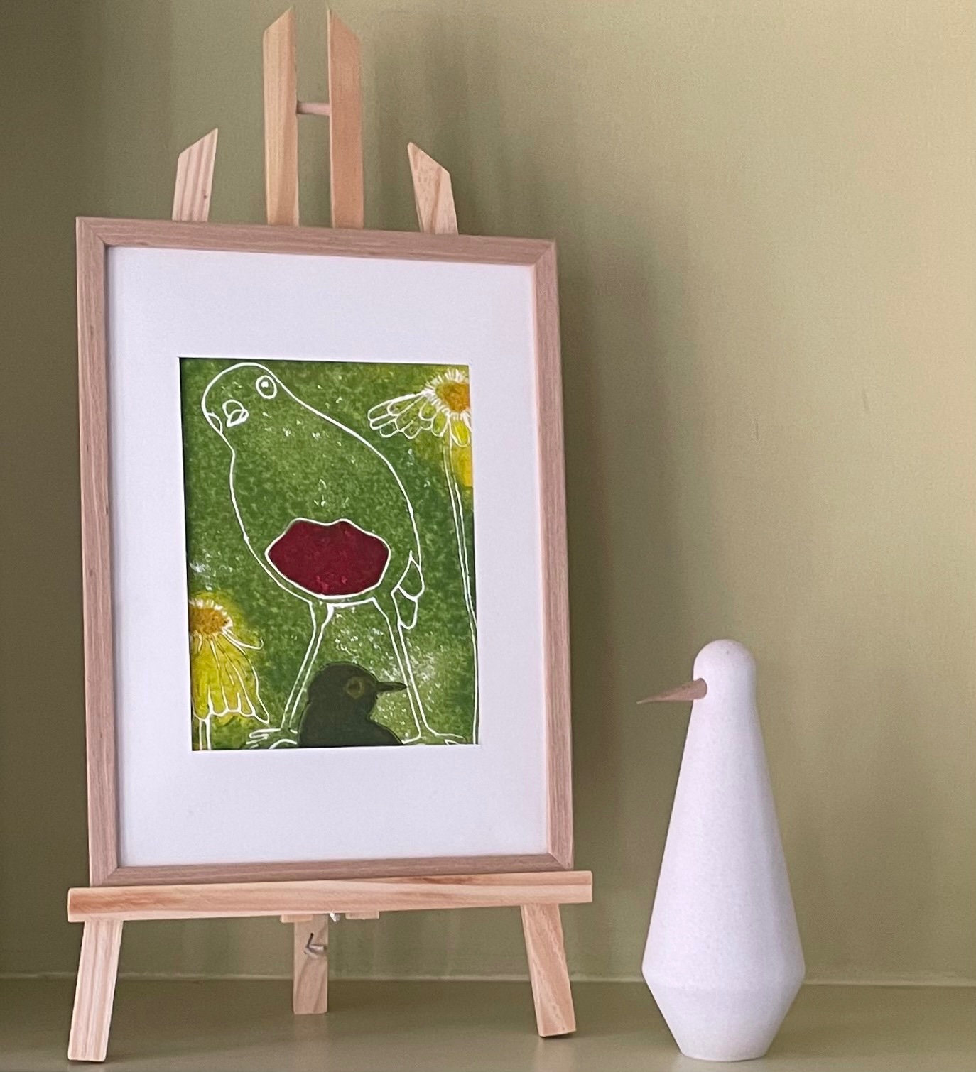 Linoprint nieuwsgierig vogeltje. - 152352 Linoprint nieuwsgierig vogeltje.