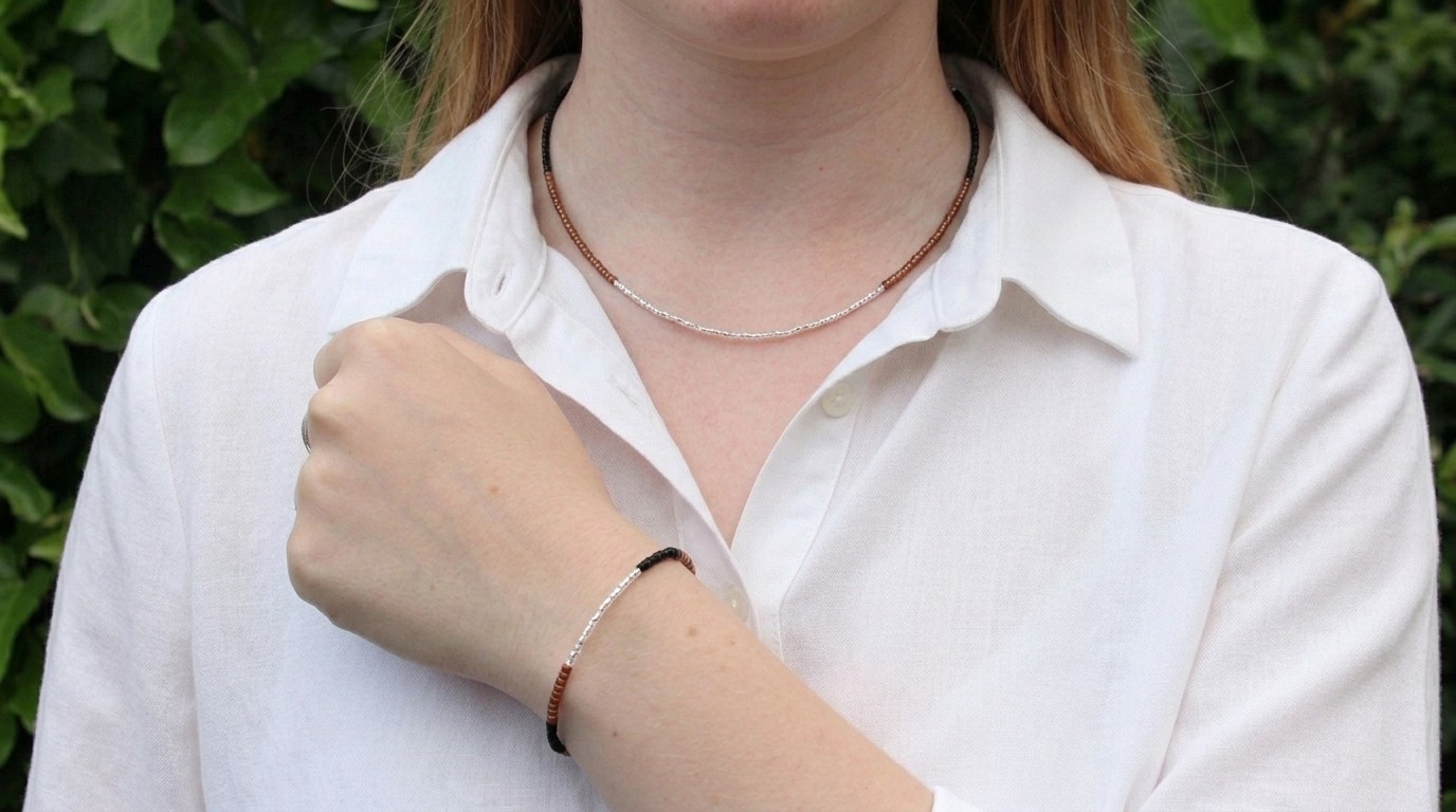 Set choker en armband rocailles zwart/bruin/zilver