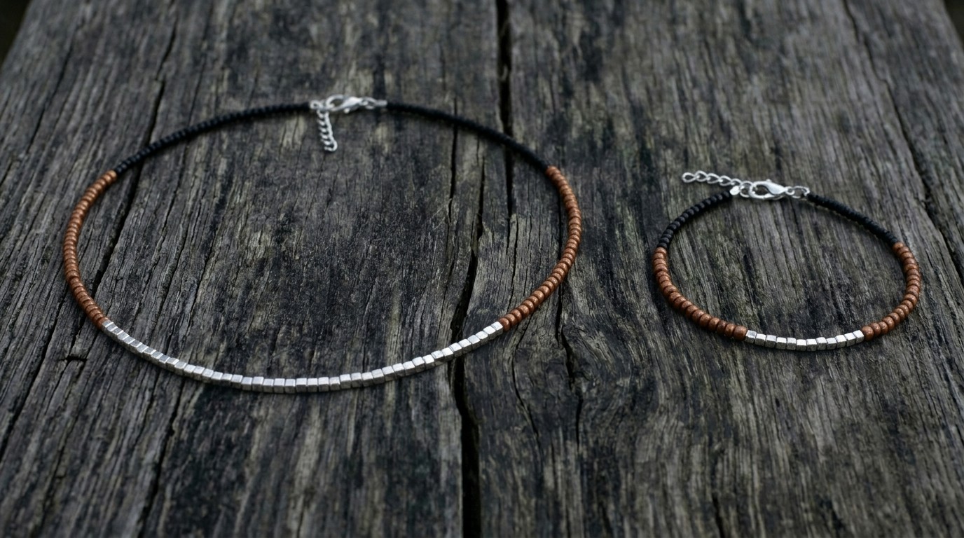 Set choker en armband rocailles zwart/bruin/zilver