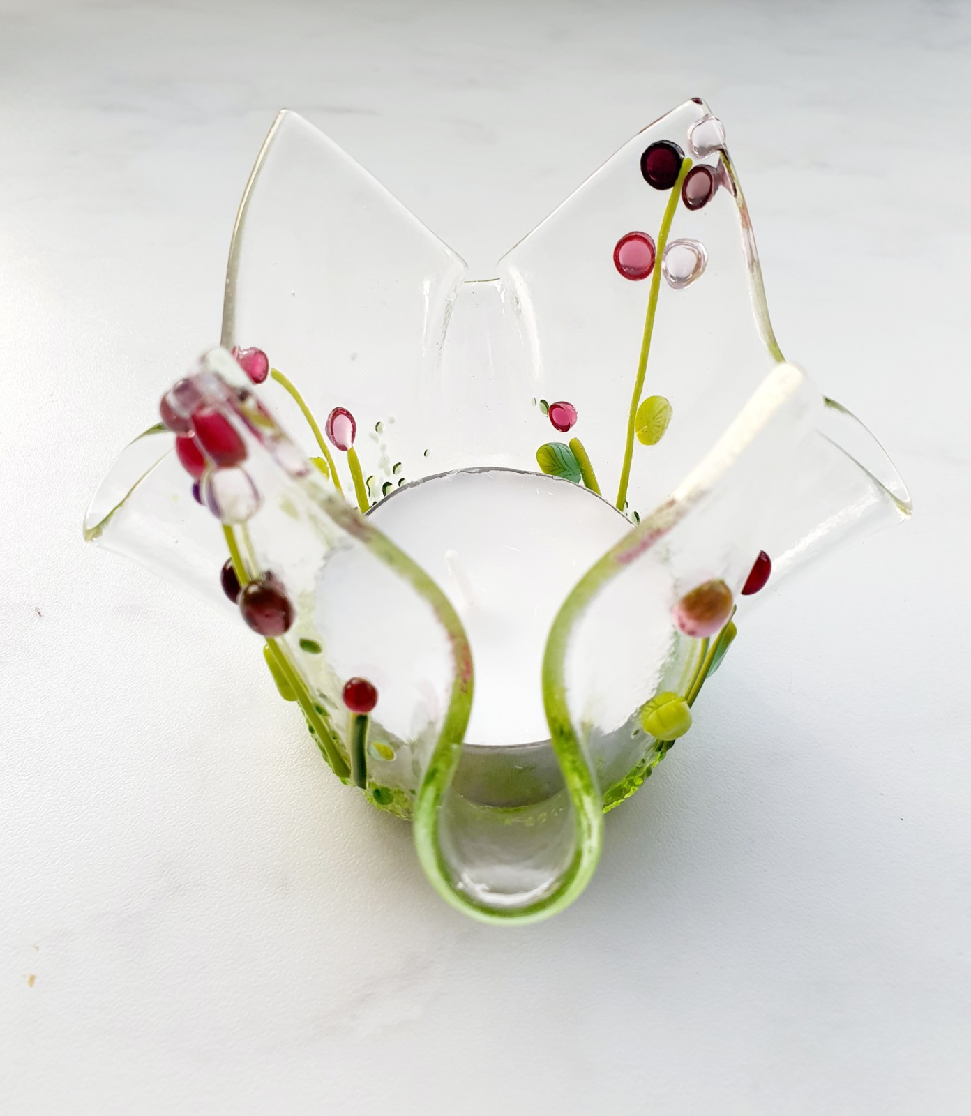 Waxinelicht houder, handgemaakt glas met roze bloemen groot