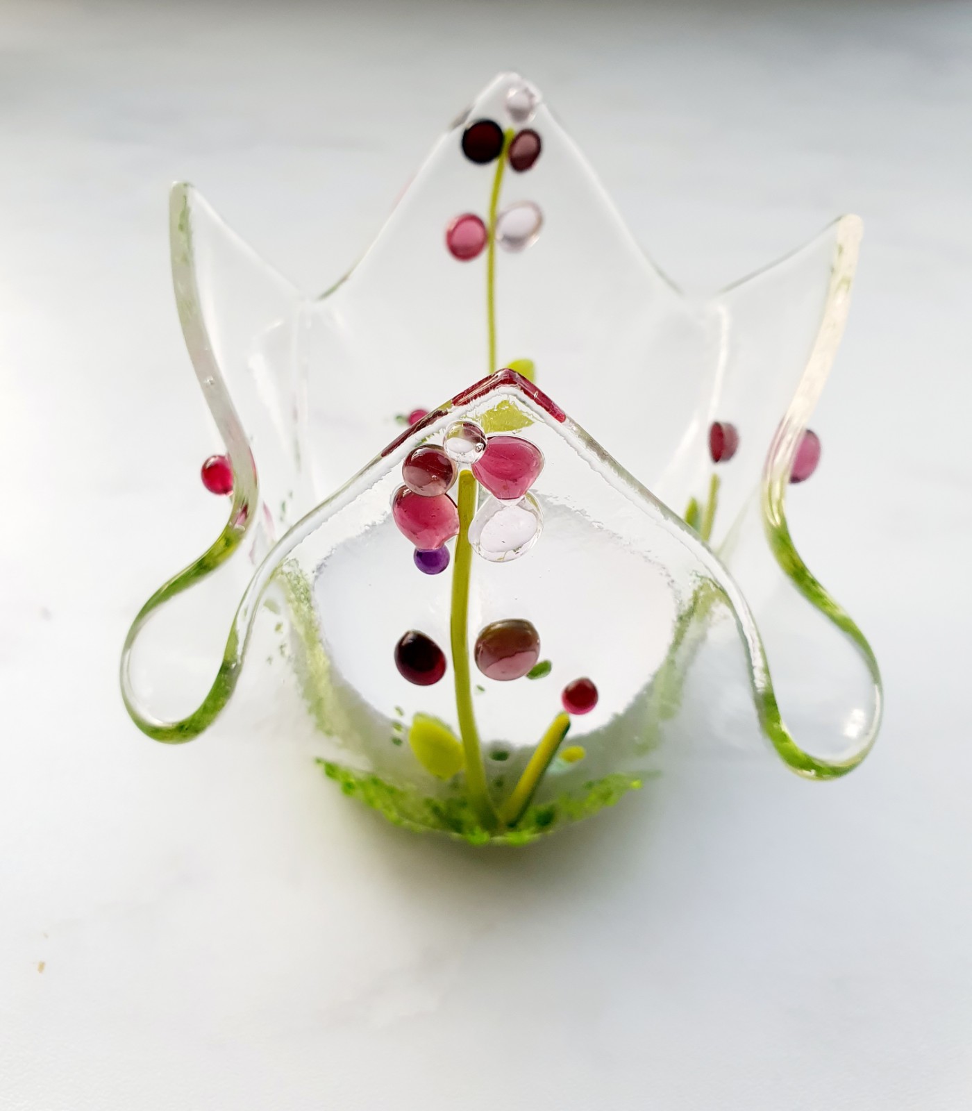 Waxinelicht houder, handgemaakt glas met roze bloemen groot