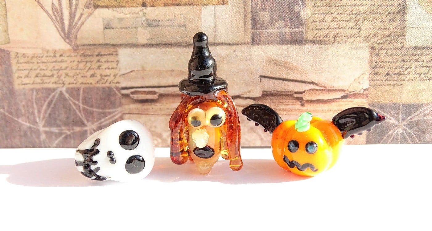 Handgemaakte Halloween glaskralen – set van 3 lampwork kralen - 155986 Handgemaakte Halloween glaskralen – set van 3 lampwork kralen
