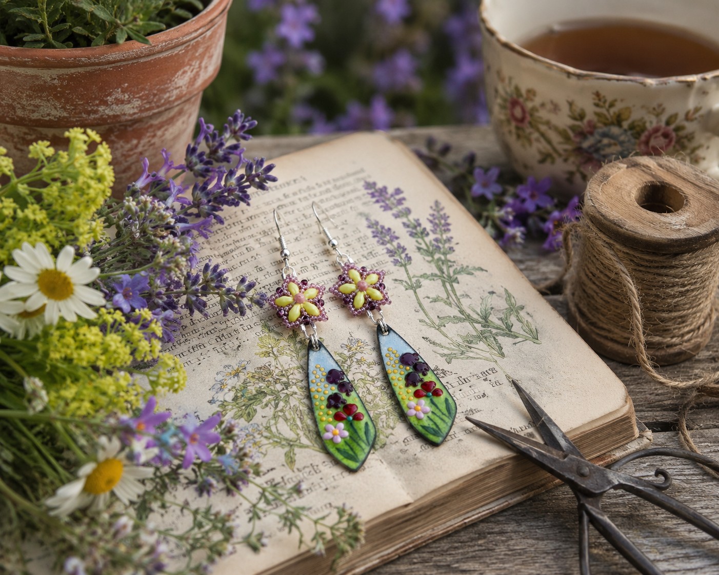 Bloementuin & Zomerbries, cottagecore oorbellen met emaille bedels en… - 133814 Bloementuin & Zomerbries, cottagecore oorbellen met emaille bedels en geweven bloemetjes