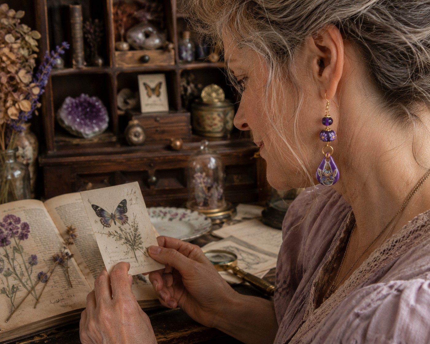 Lavendel & Vlinderdans, statement oorbellen met handgemaakte kralen - 133754 Lavendel & Vlinderdans, statement oorbellen met handgemaakte kralen