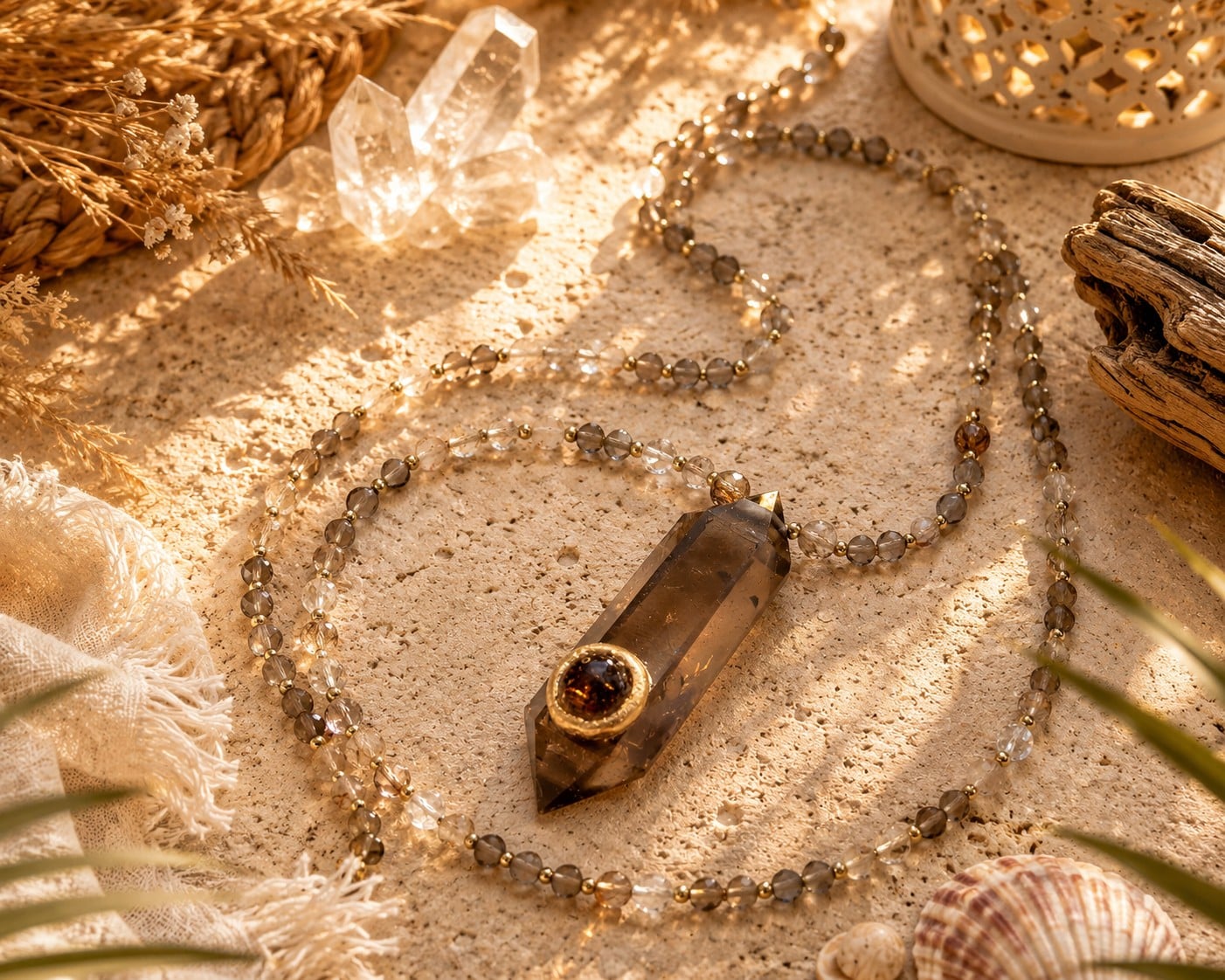 Hanger van rookkwarts en goudrutielkwarts aan een edelstenen ketting - 142424 Hanger van rookkwarts en goudrutielkwarts aan een edelstenen ketting