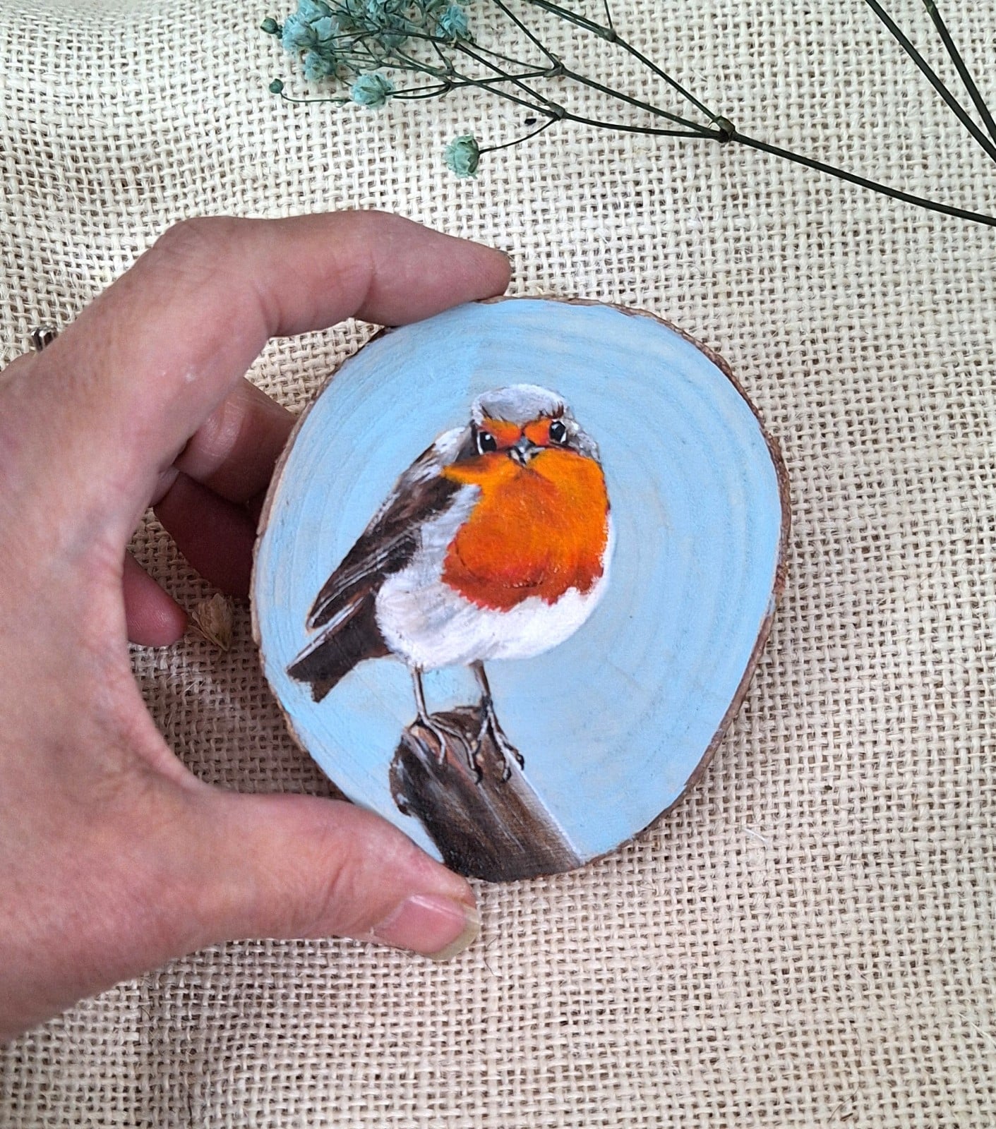 Roodborstje op houtschijf - 112467 Roodborstje op houtschijf