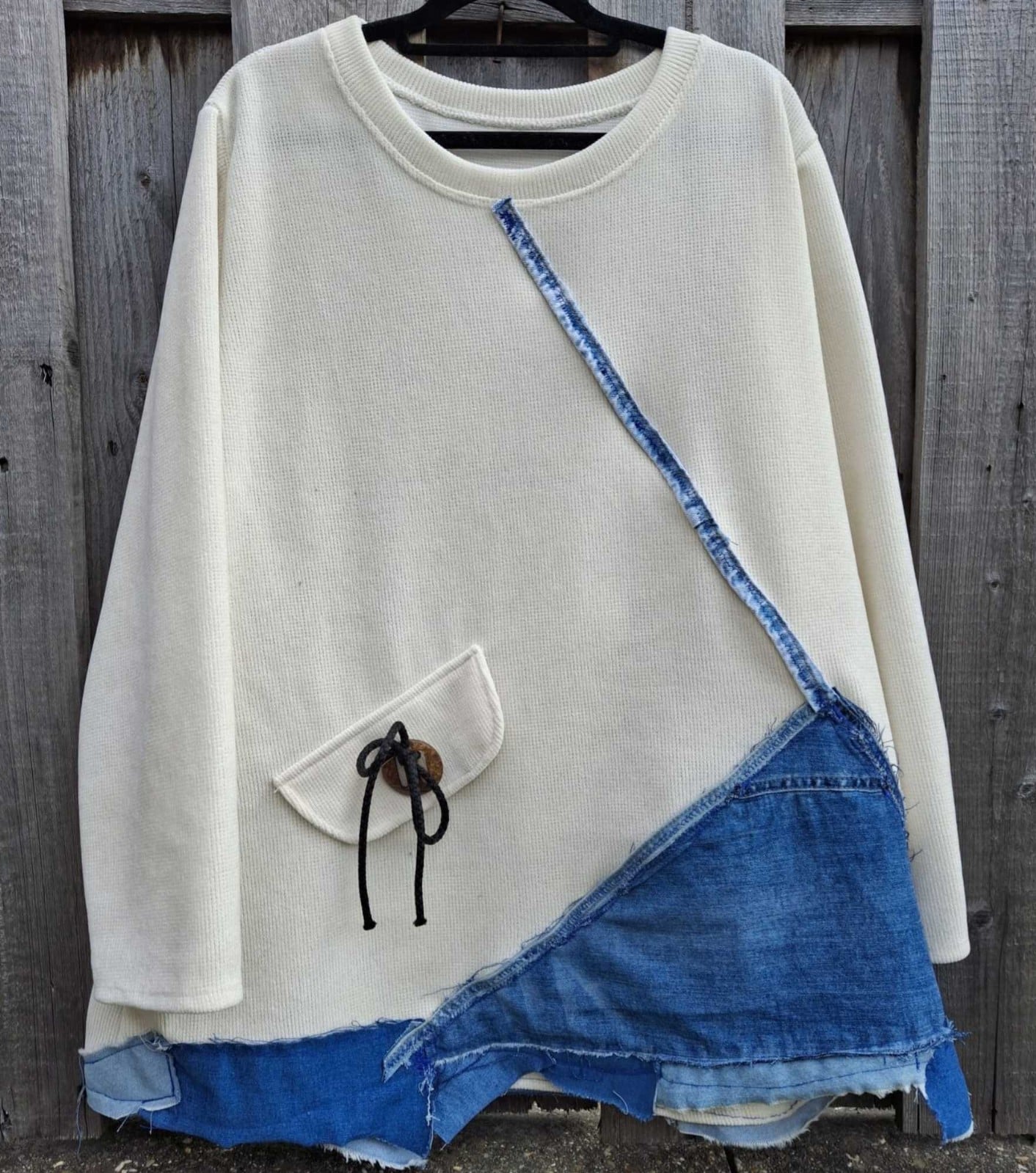 Upcycled Boho Sweater – Denim Patchwork – One of a Kind - 153343 Upcycled Boho Sweater – Denim Patchwork – One of a Kind