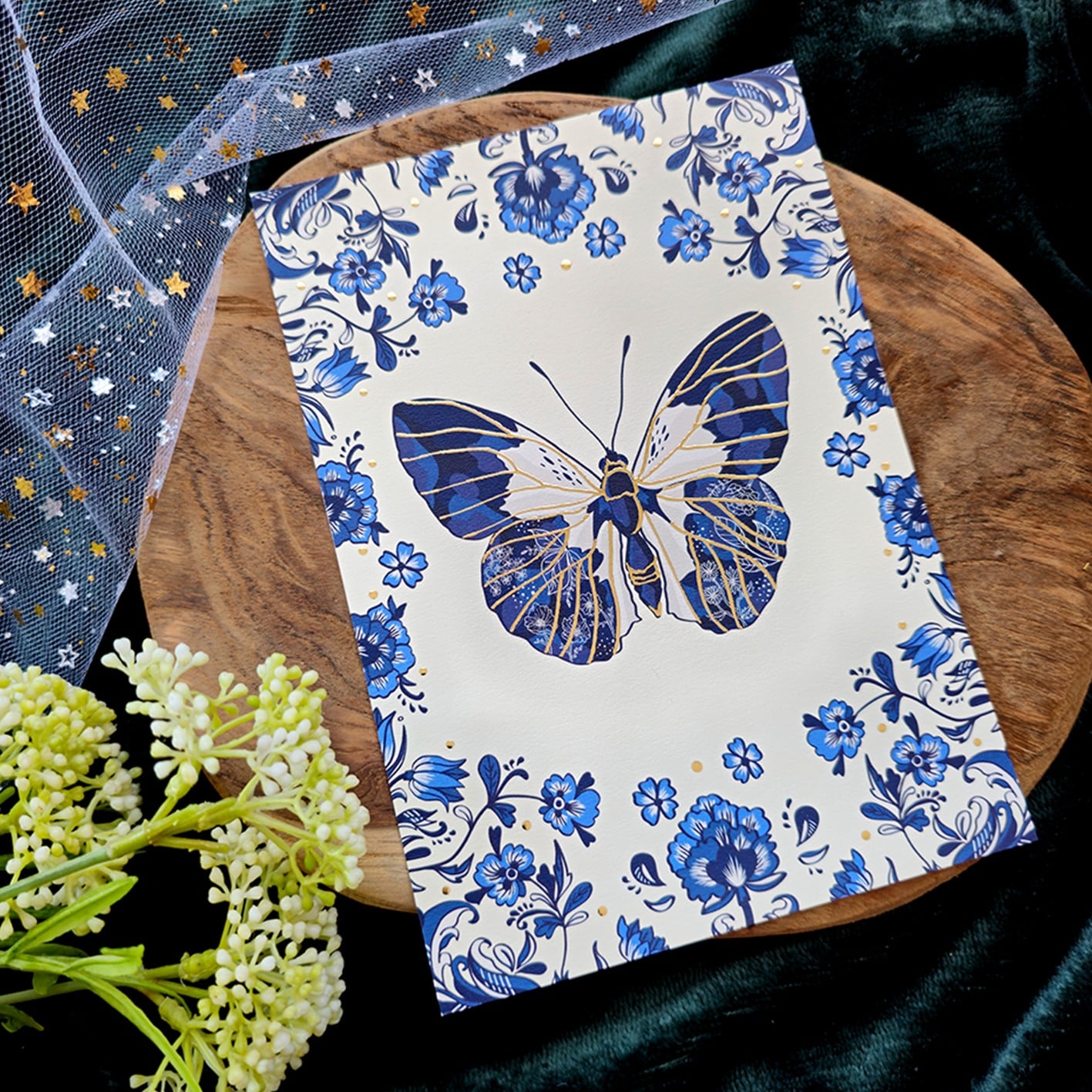 Delfts blauw vlinder - print met goudfolie