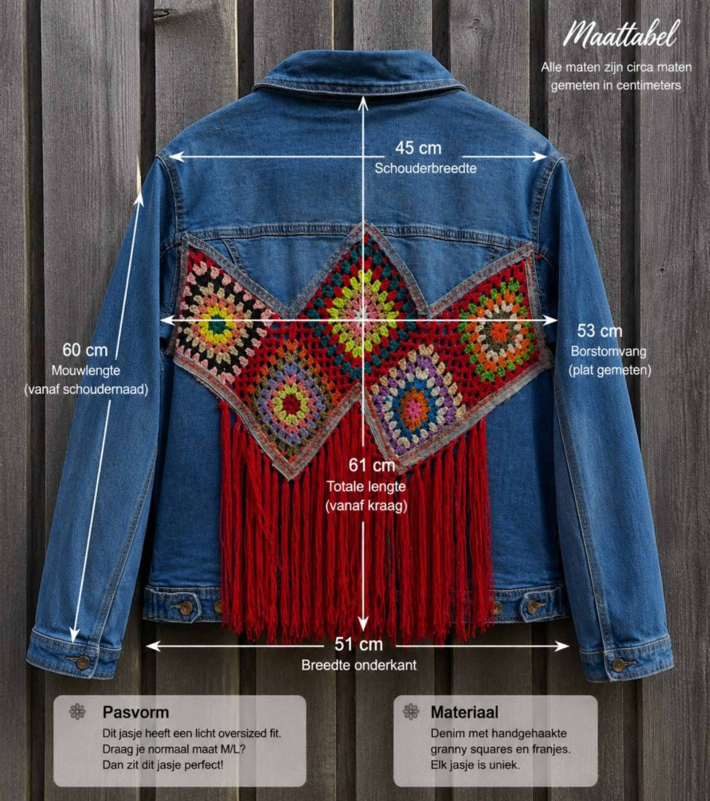 Upcycled Denim Jasje – Granny Squares & Rode Franjes – One of a Kind