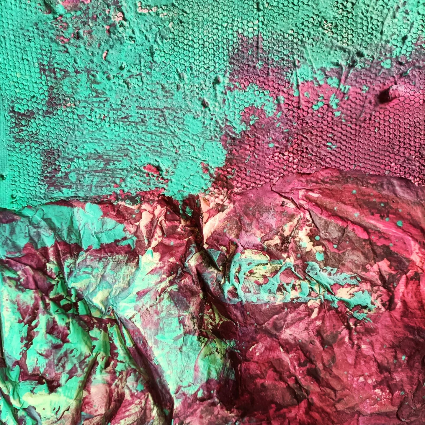 Mixed media abstract schilderij - roze groen