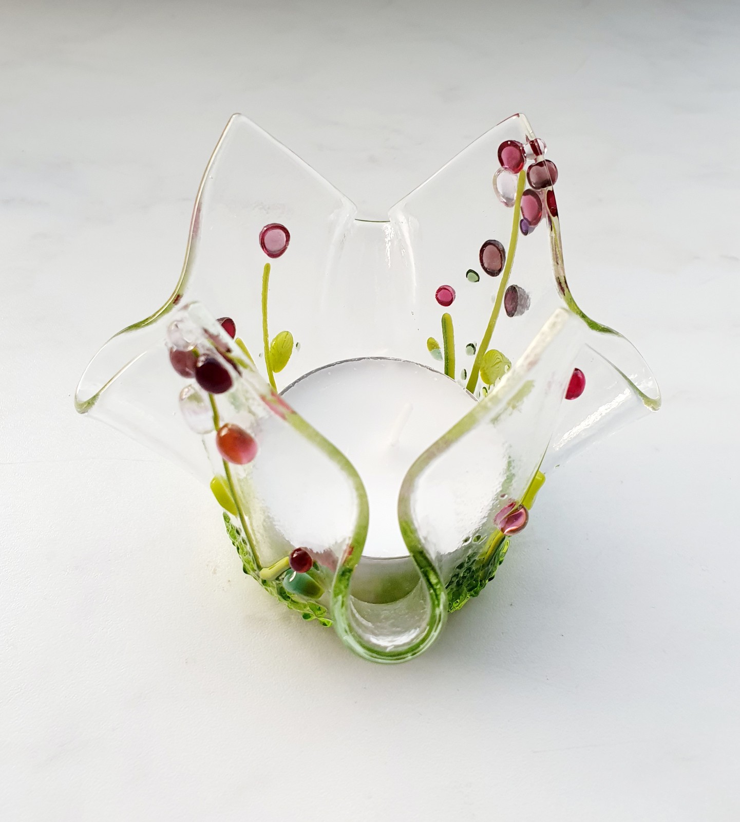 Waxinelicht houder, handgemaakt glas met roze bloemen groot