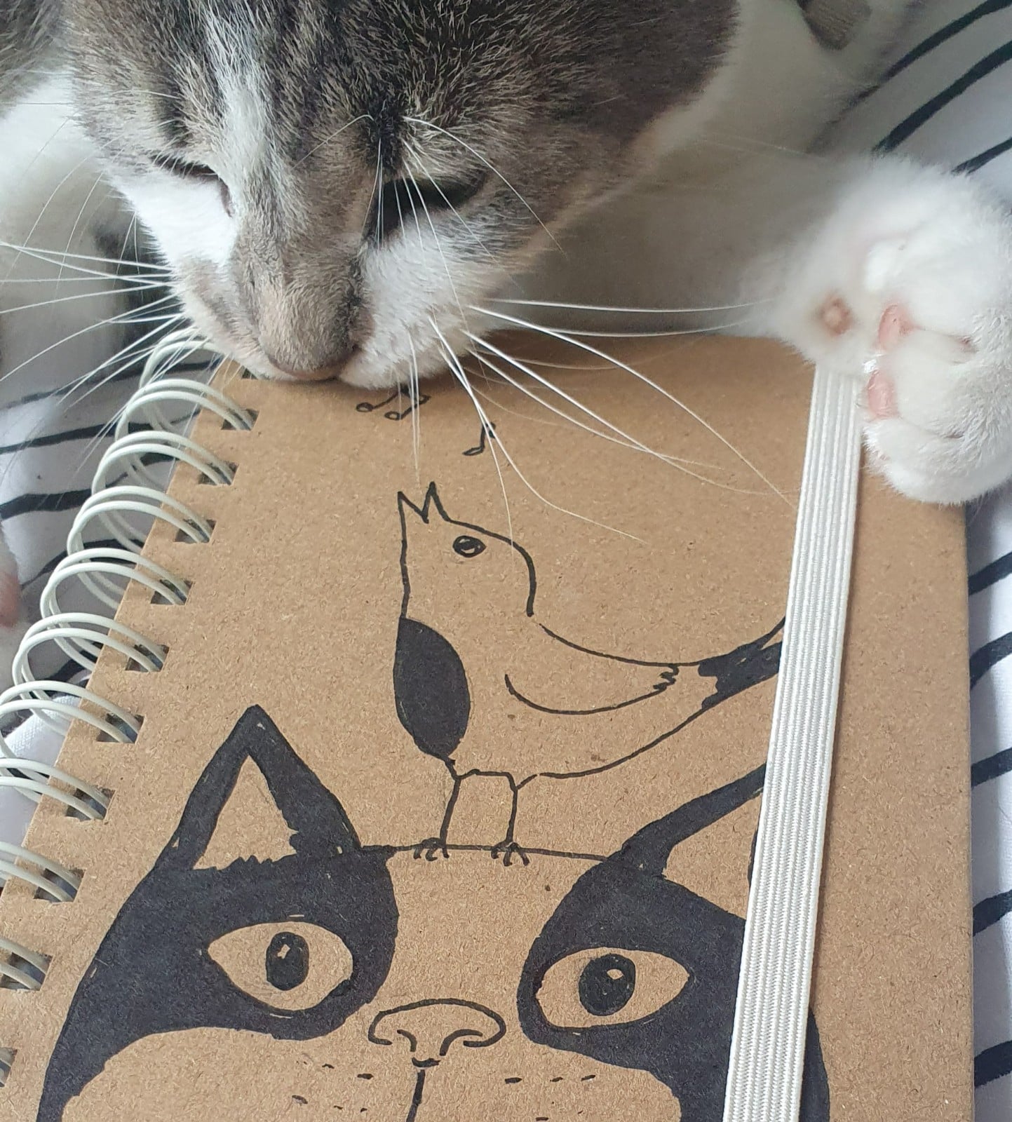 handgemaakt dagboek notitieboekje, kat met vogel gelinieerd, met originele kattentekening (geen print)