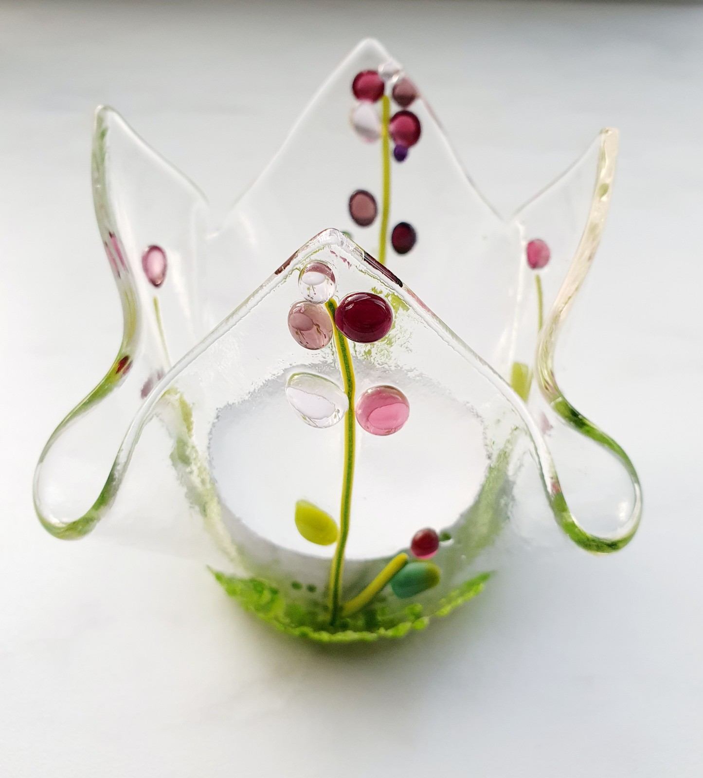 Waxinelicht houder, handgemaakt glas met roze bloemen groot