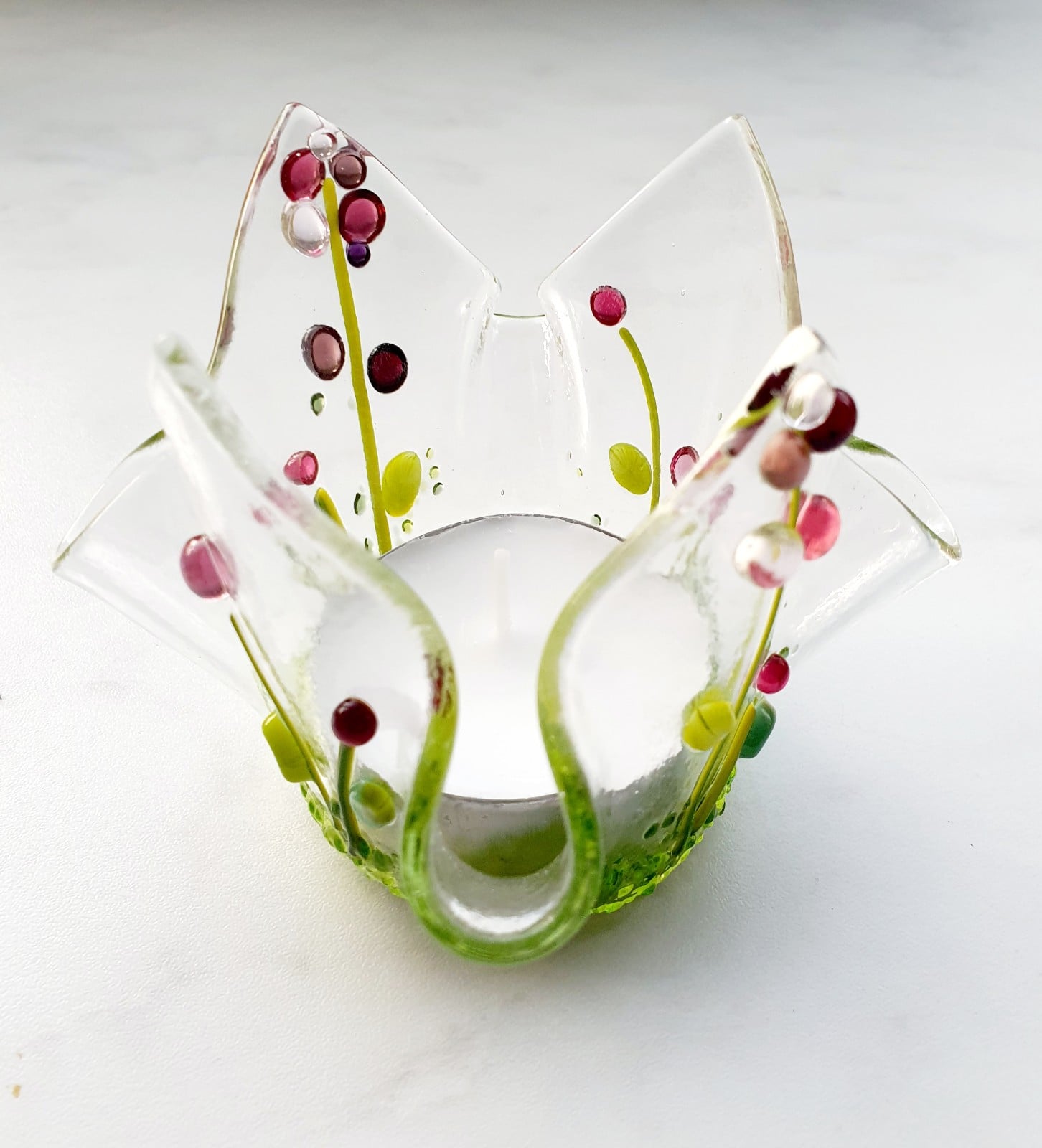 Waxinelicht houder, handgemaakt glas met roze bloemen groot