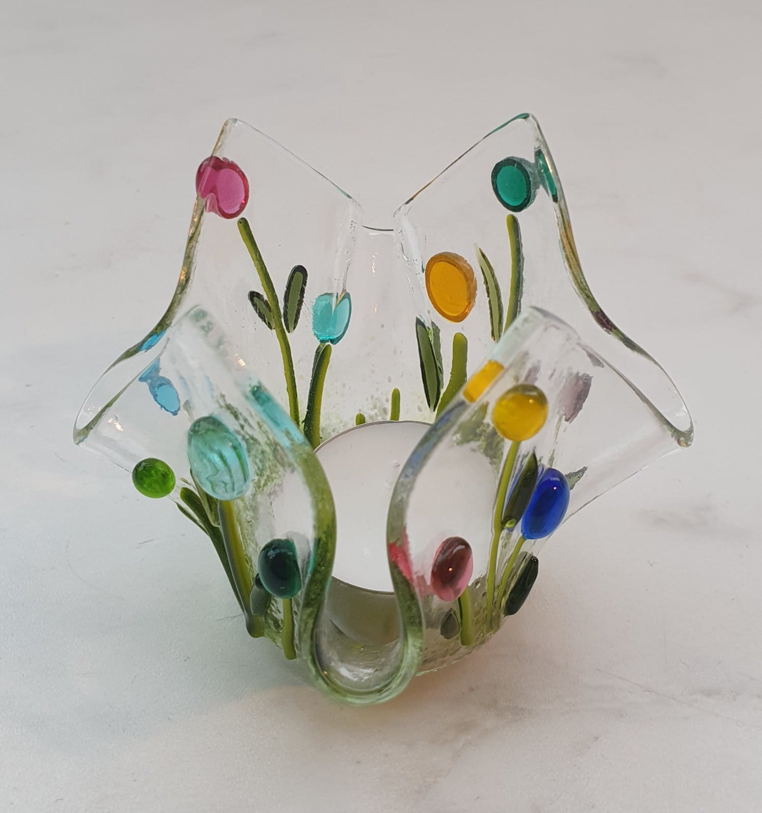 Kleurrijke kaarshouder, handgemaakt glasobject voor groot waxinelicht