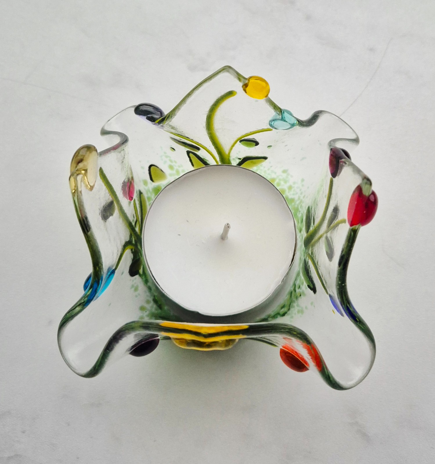 Kleurrijke kaarshouder, handgemaakt glasobject voor groot waxinelicht