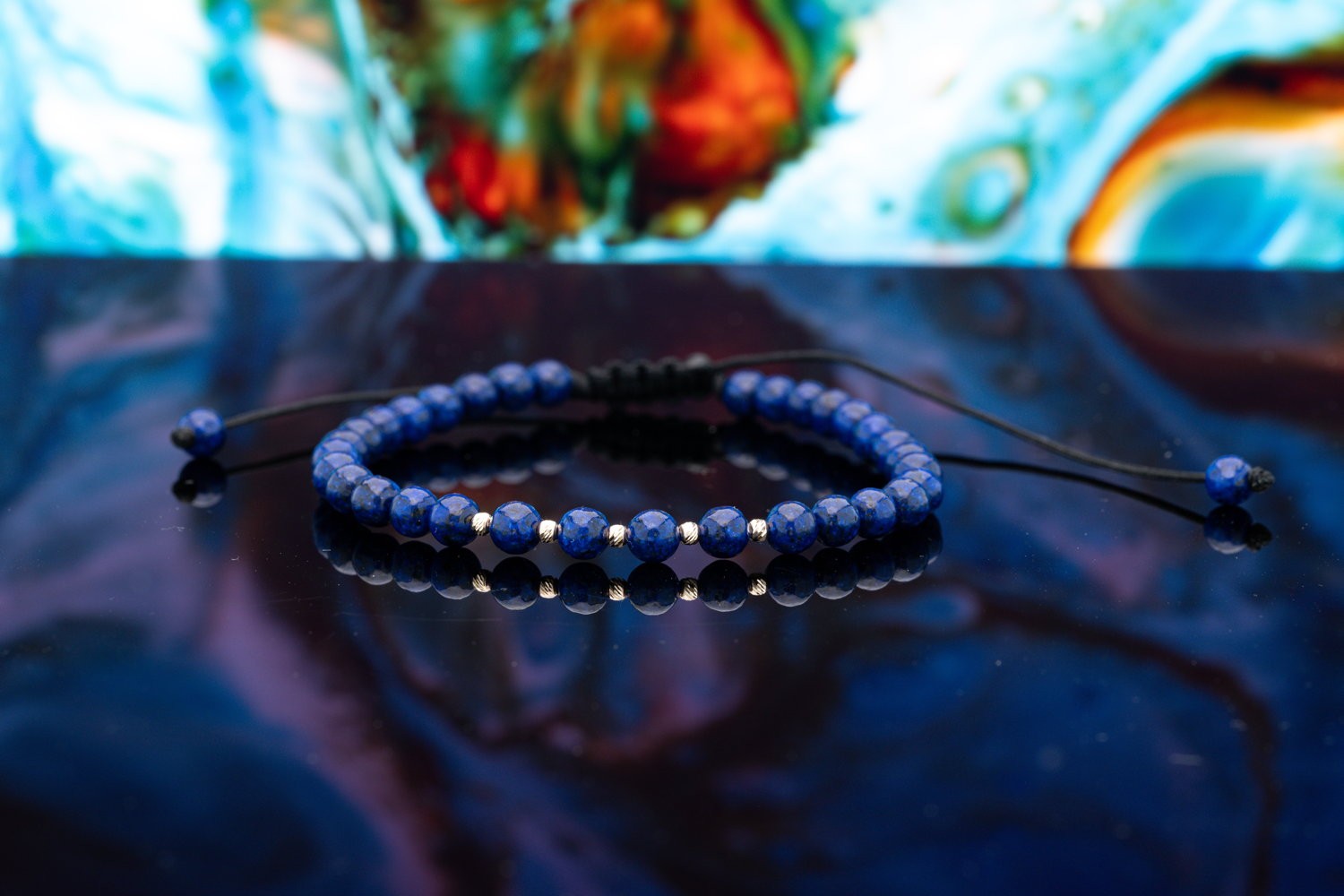 Lapis lazuli armband met 14 karaat gouden kralen, voor vrouwen en mannen, perfect als cadeau, maat verstelbaar 15-21 cm - 54210.jpeg Stijlvolle Lapis lazuli armband met 14 karaat geelgouden kralen