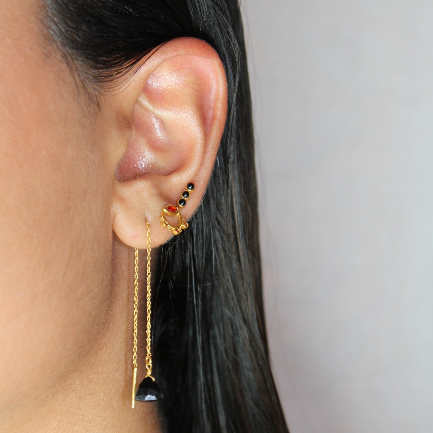Gold Plated Triple Red Onyx Stud Earring - 2353.jpeg Gold Plated Triple Red Onyx Stud Earring