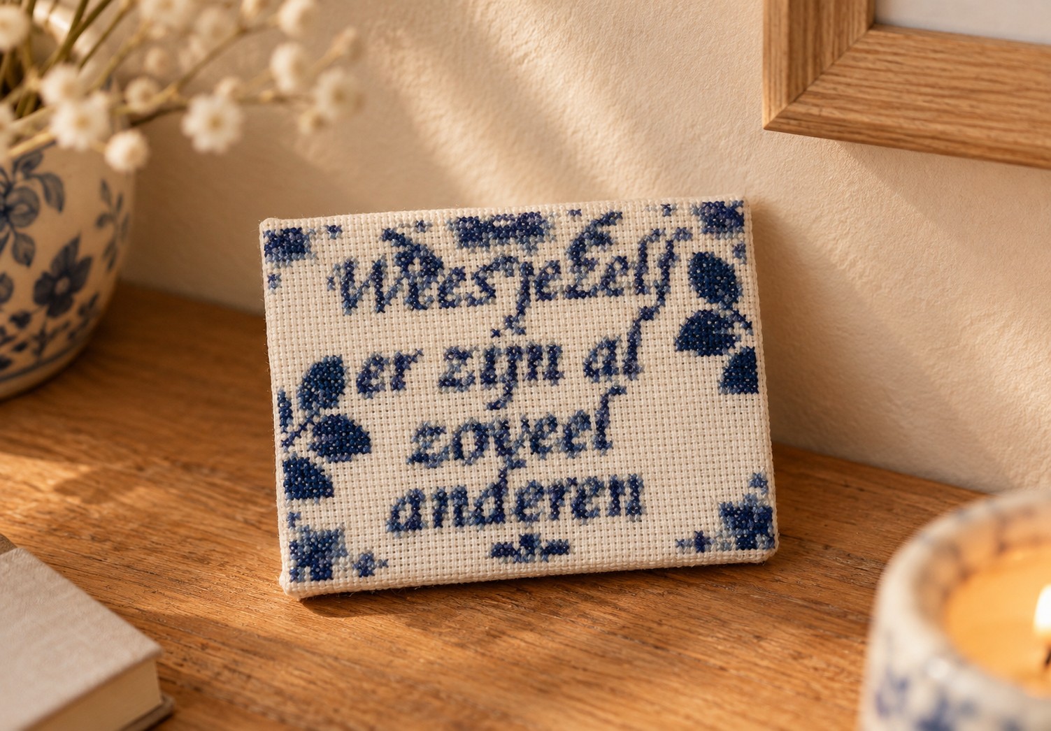 Geborduurd delfts blauw tegeltje - 150011 Geborduurd delfts blauw tegeltje, wees jezelf er zijn al zoveel anderen