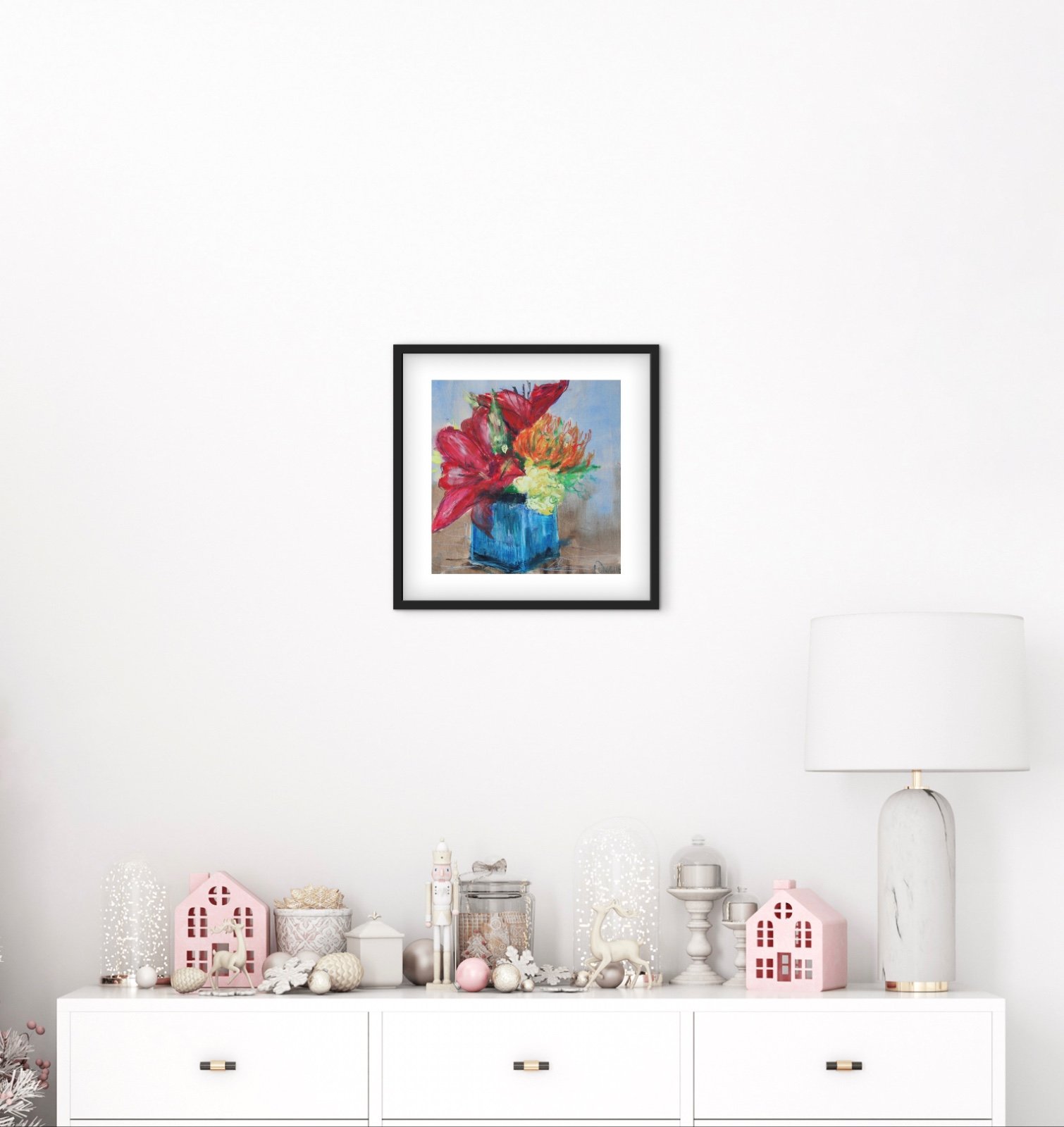 Bloemenschilderij Rood & Oranje – Acryl op Hout 32x32cm – ‘Crimson Bloom’