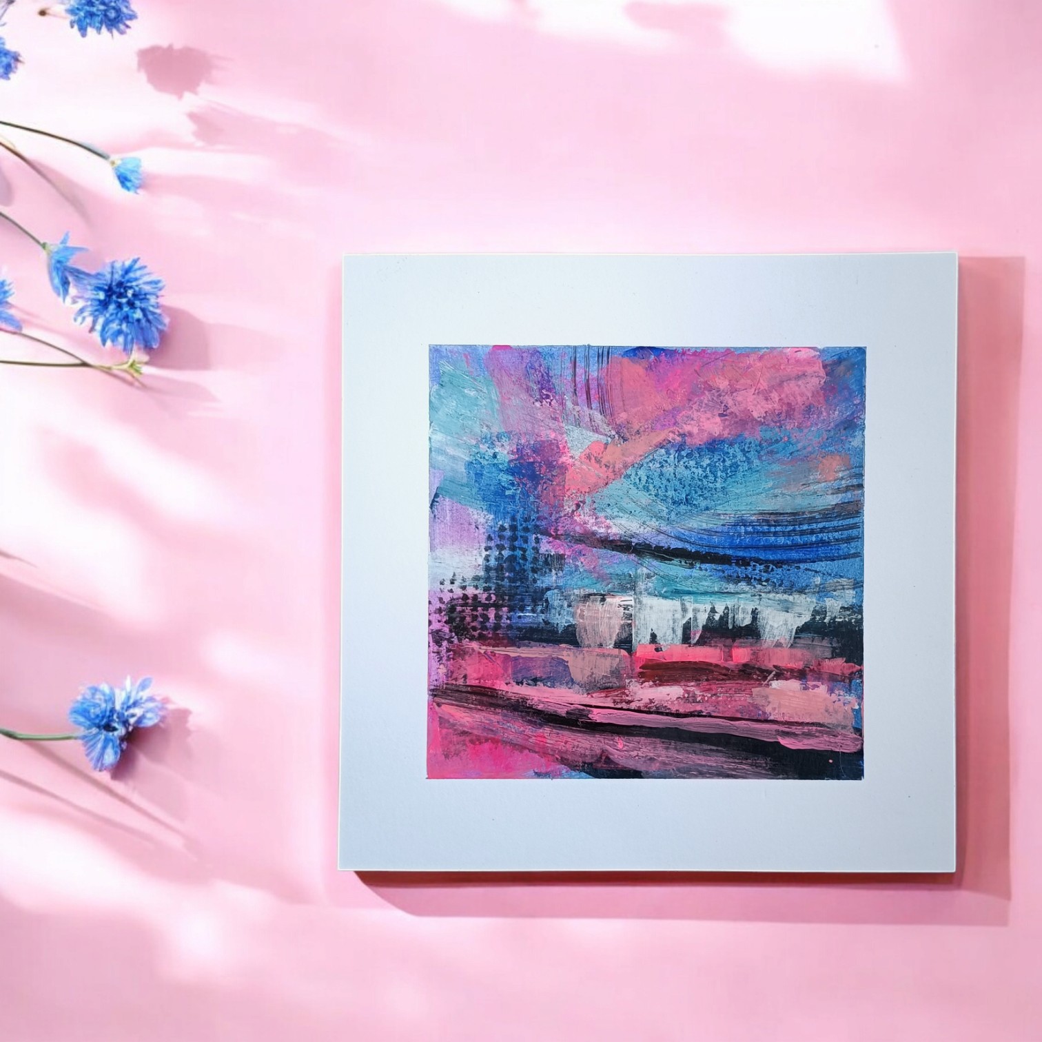 Dreamscape horizon - 89688 Kunstkaart neon roze - handgemaakt - mixed media - large