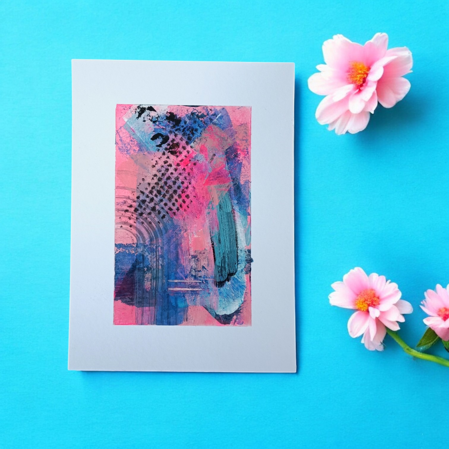 Kunstkaart neon roze - handgemaakt - mixed media - medium