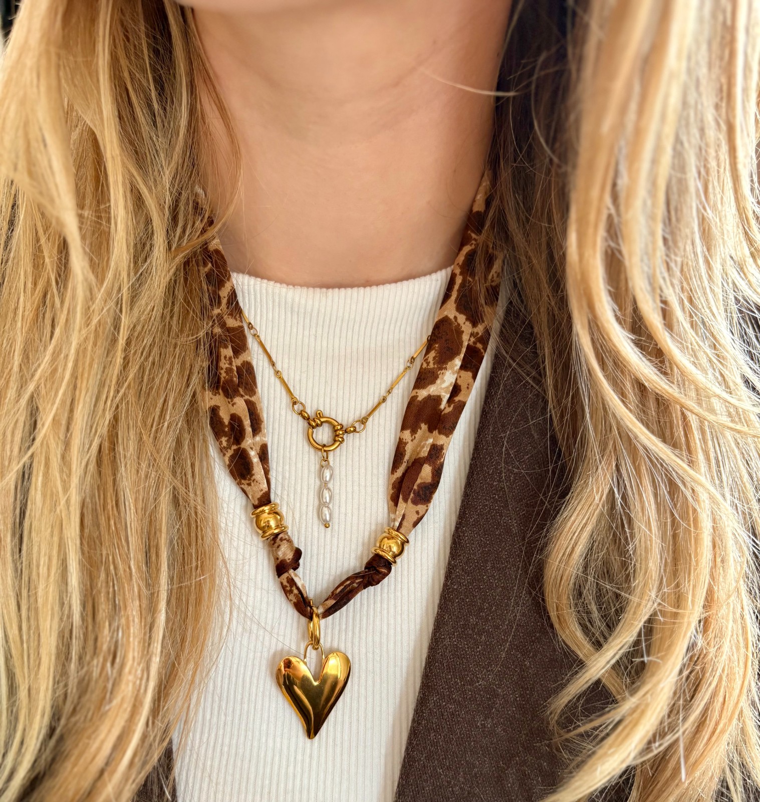 Stof ketting van panterprint met RVS bedel - 102947 Stof ketting van panterprint met RVS bedel