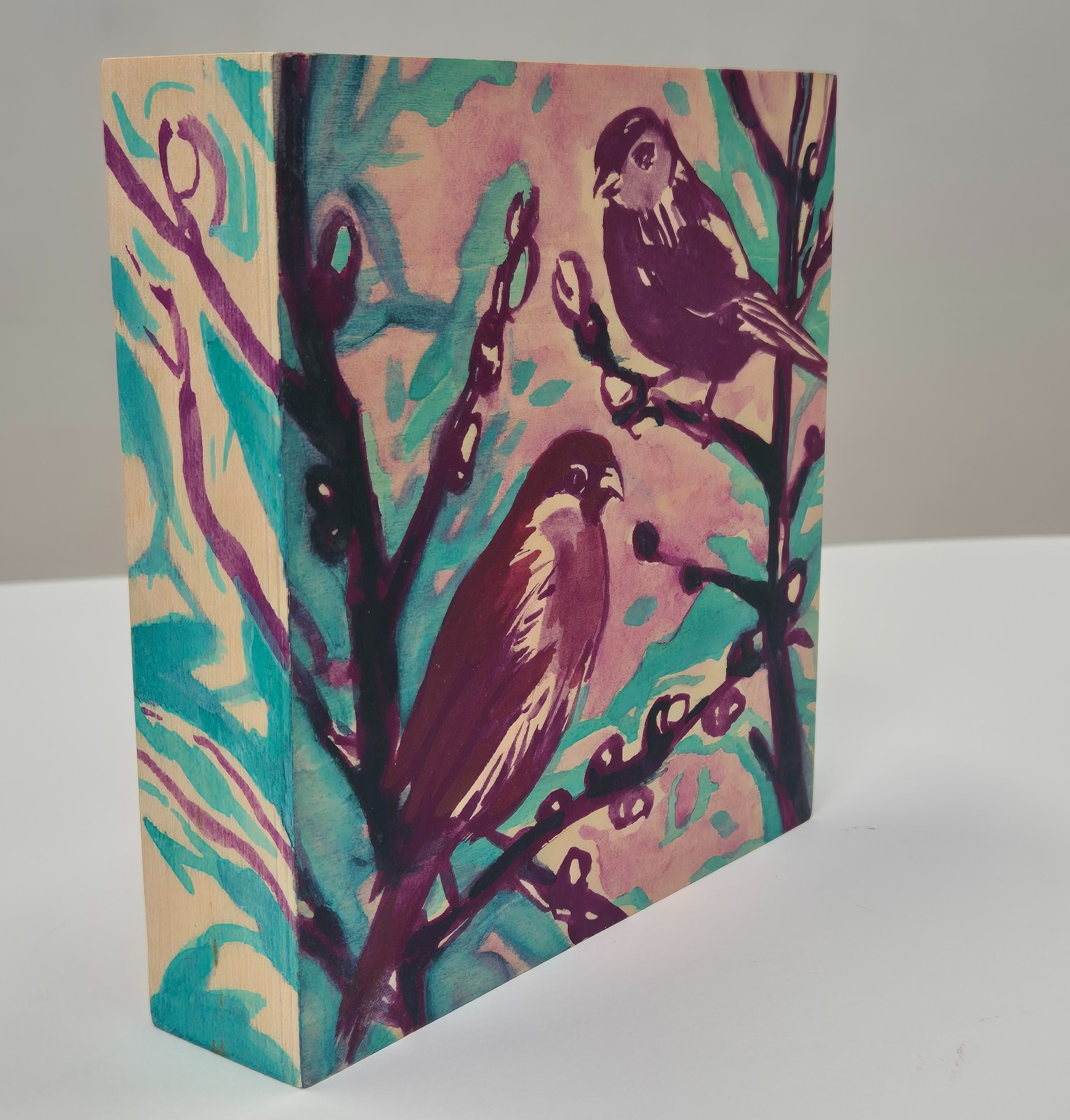 Vogeltjes II, houten paneel