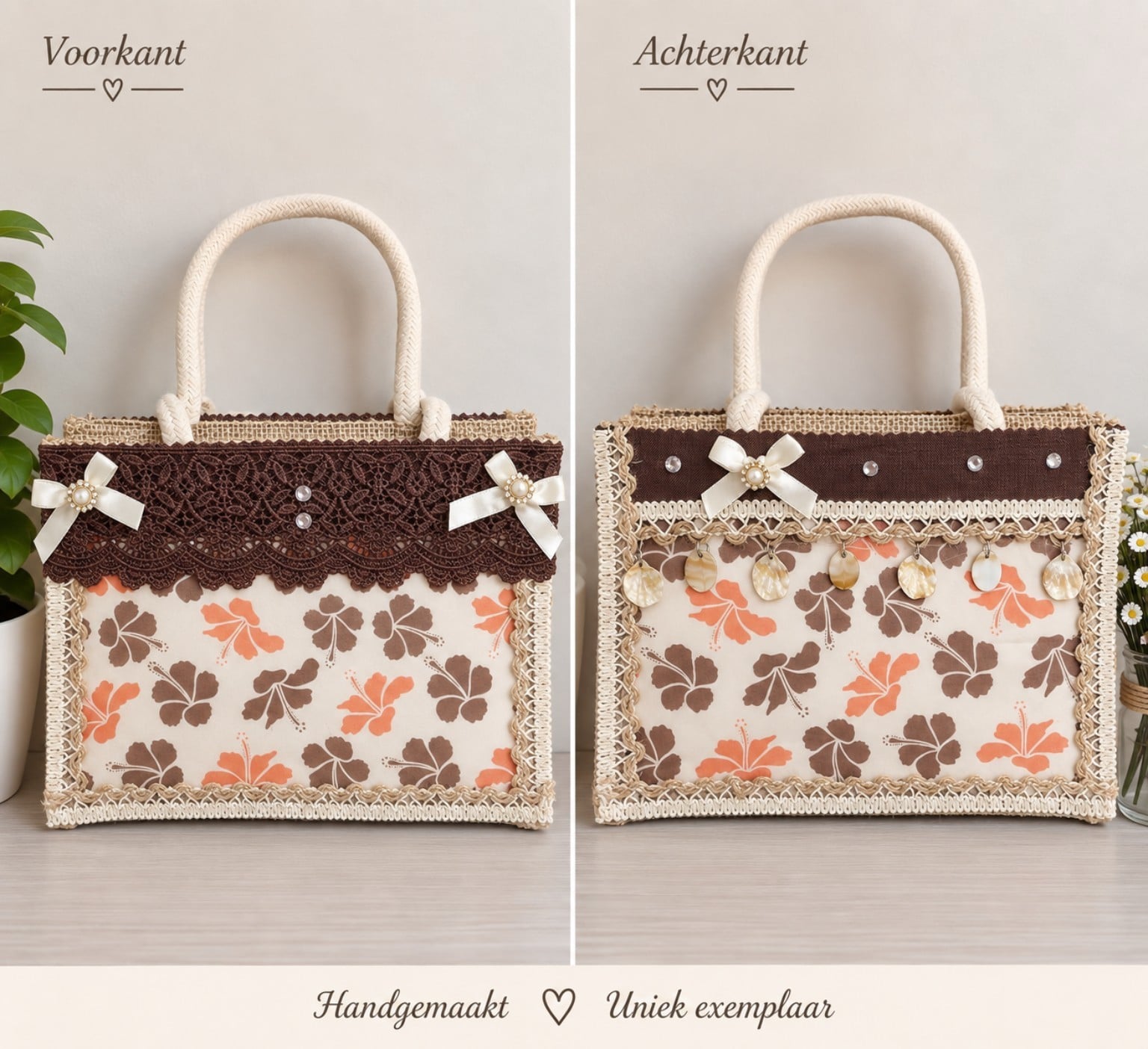 Handgemaakte tas met bloemenprint in bruin en oranje - 151438 Jutetas met bloemenprint in bruin en oranje