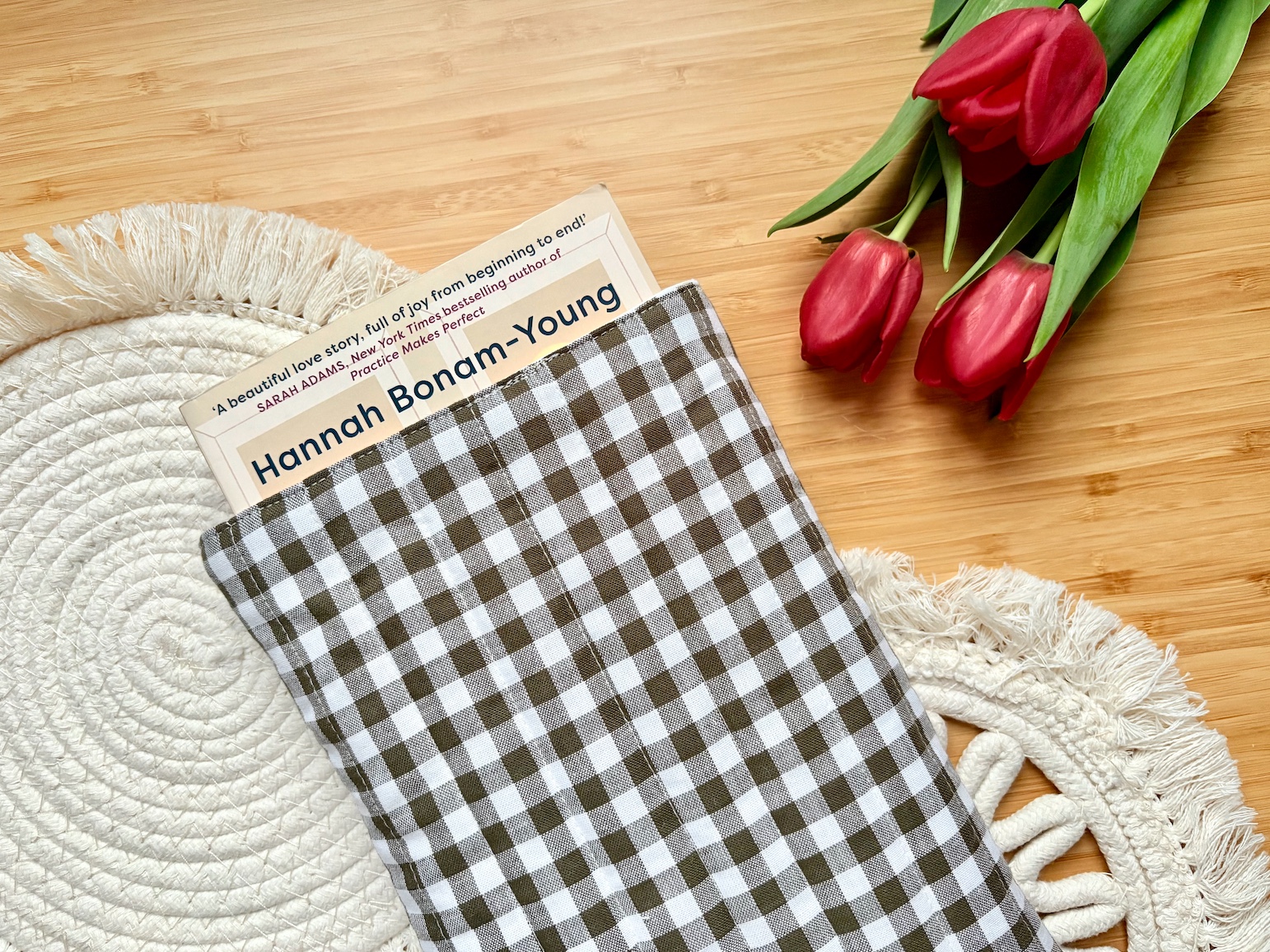 Khaki Green Gingham Quilted Book Sleeve | for paper back books up to 400pages