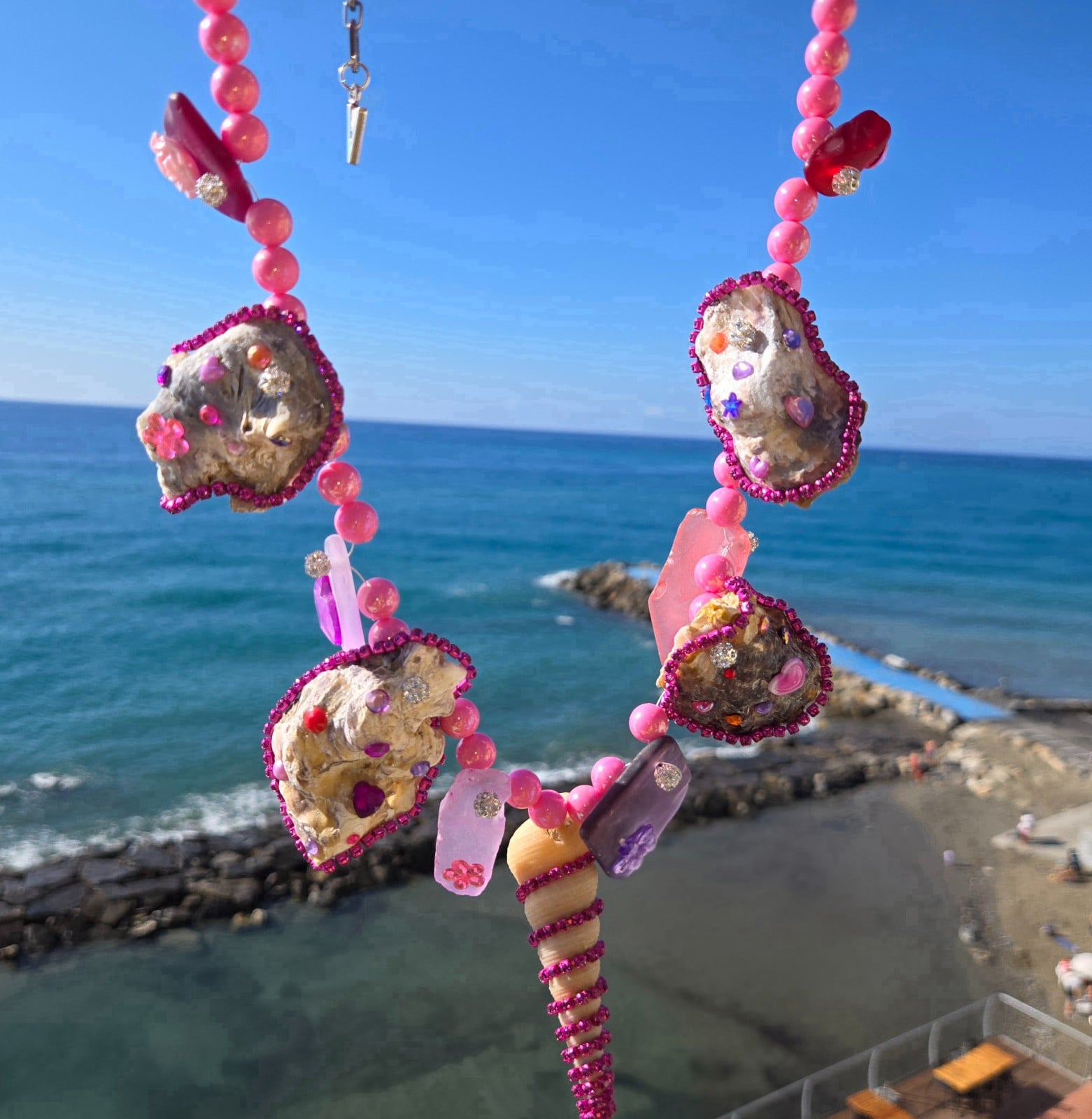 Roze Zeeglas, Schelpen en Glitter ketting