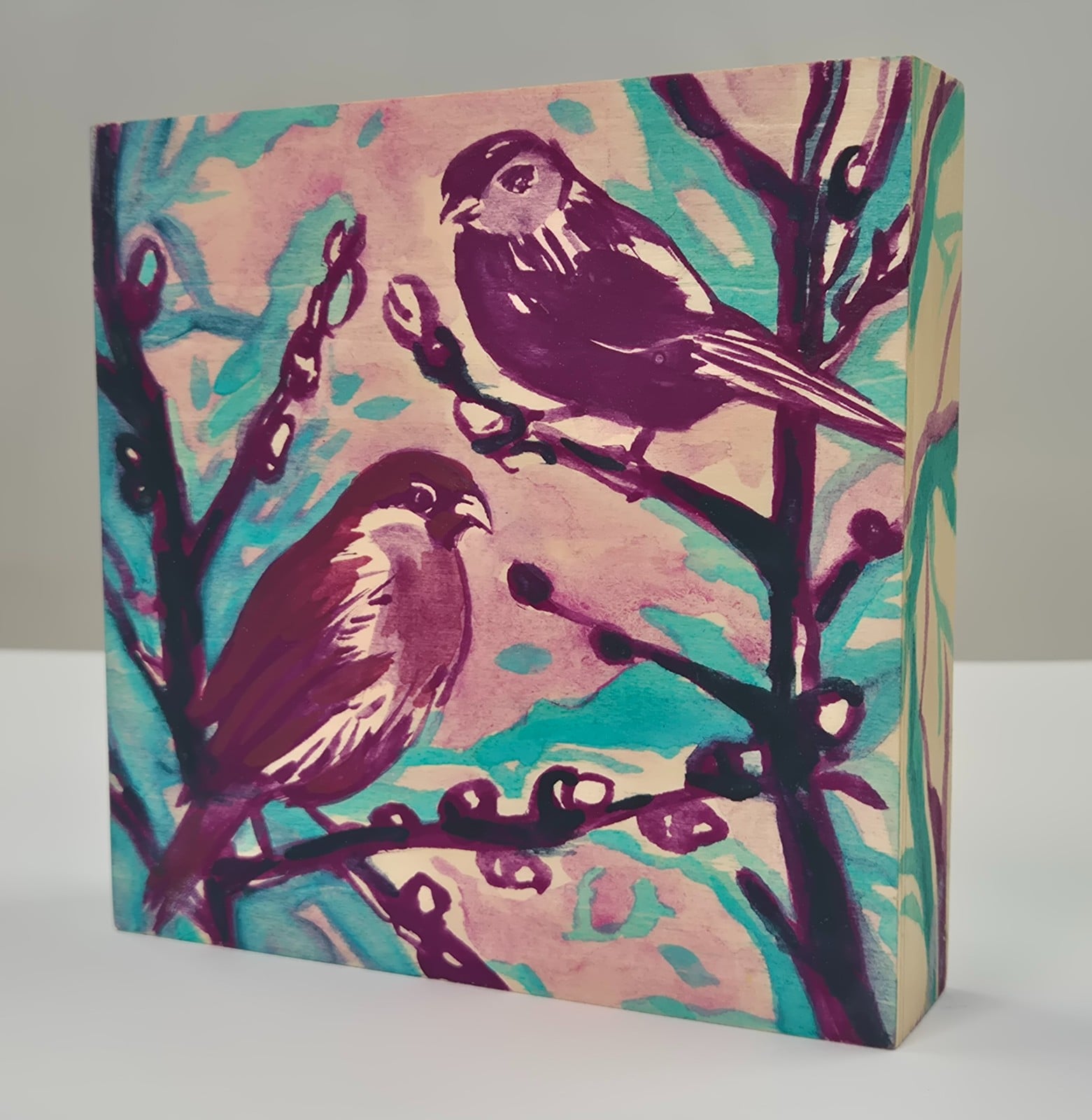 Vogeltjes II, houten paneel